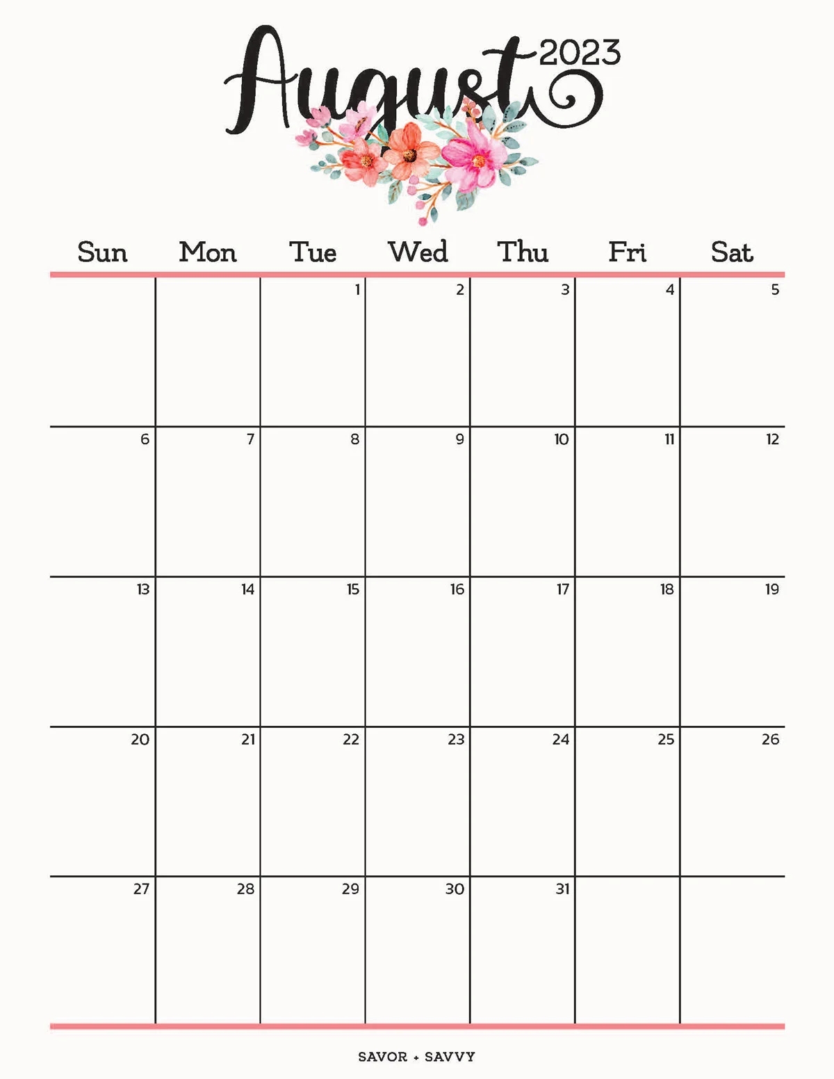 August 2023 Calendar Templates 12 Free Printables Savor Savvy