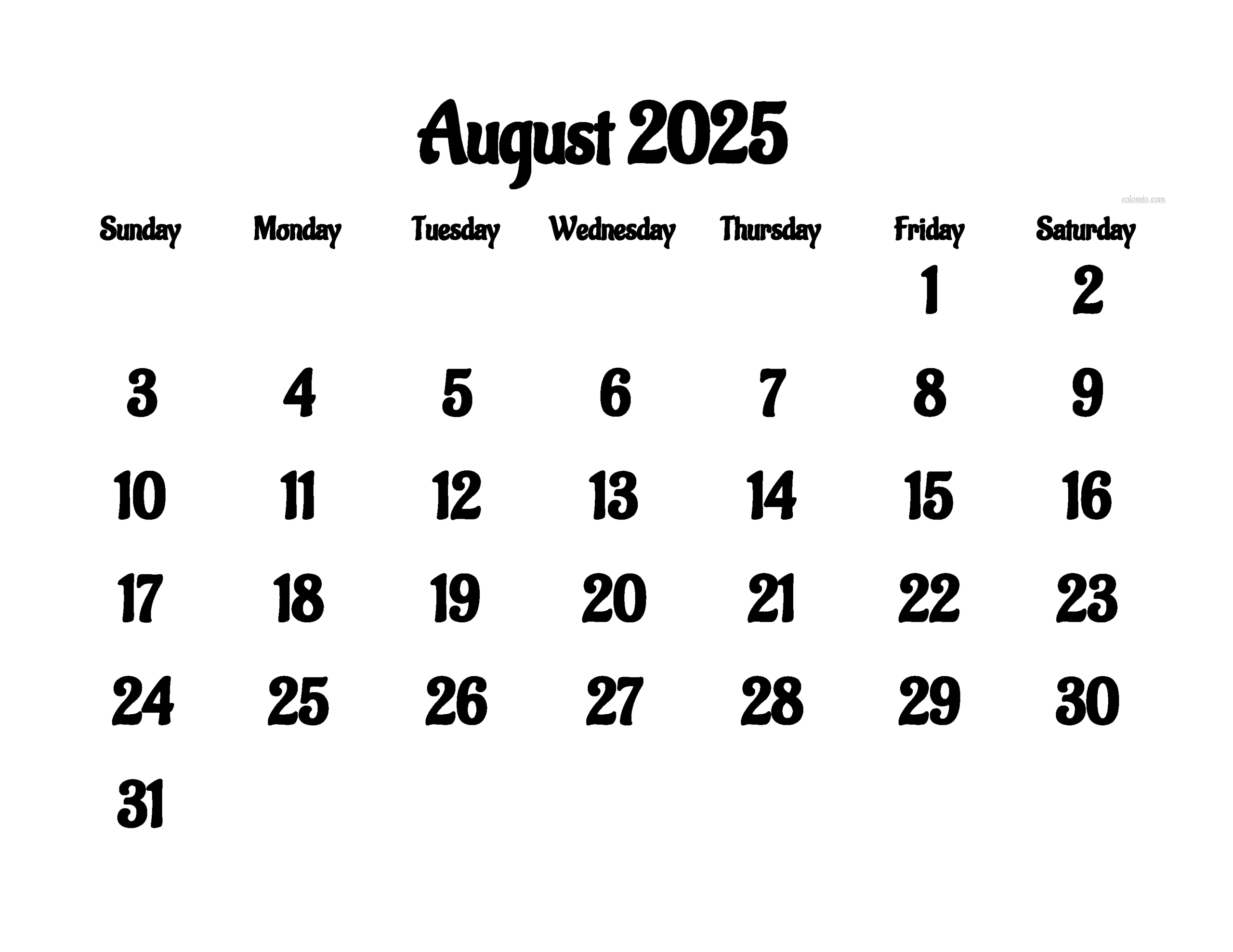 Printable Calendar Augus 2025