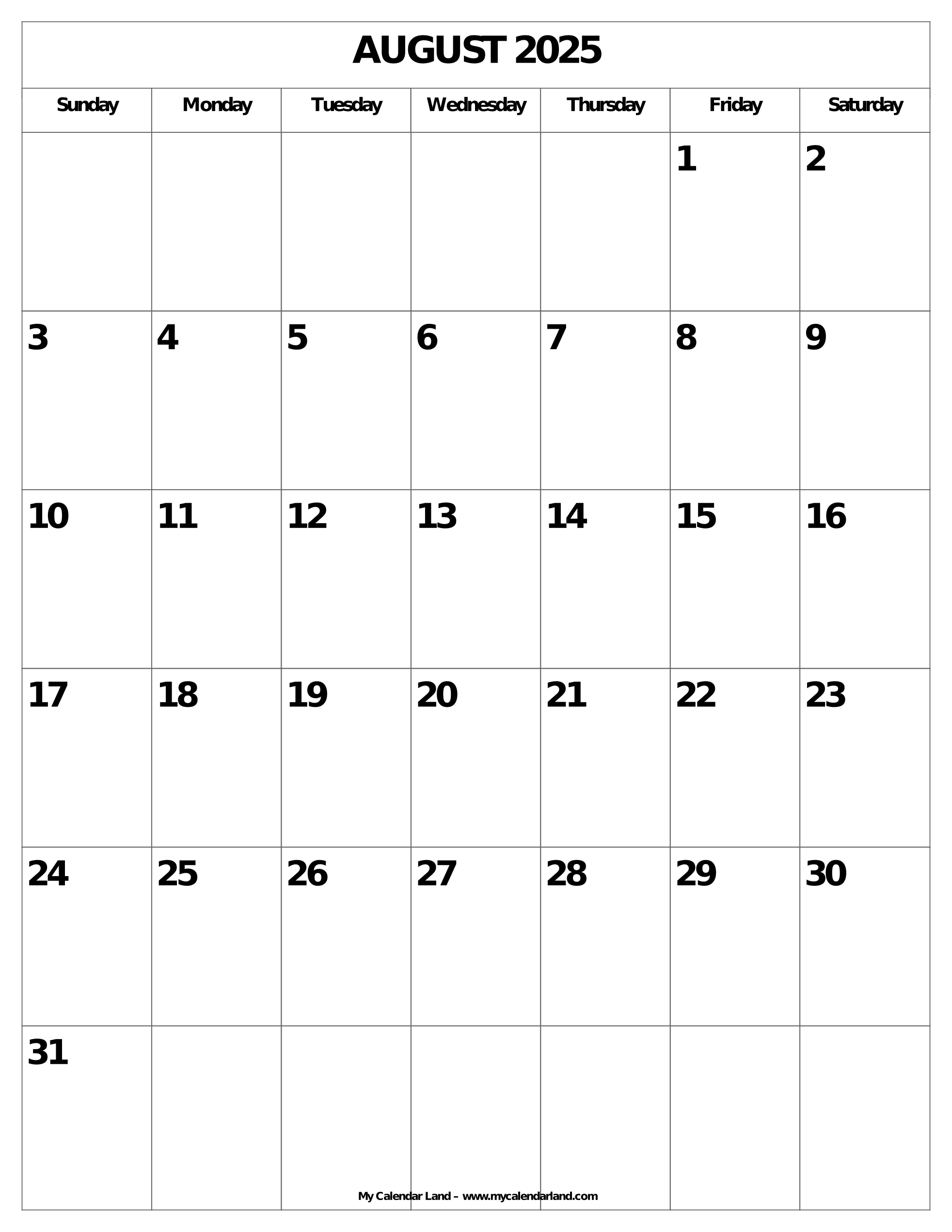 August 2025 Calendar My Calendar Land