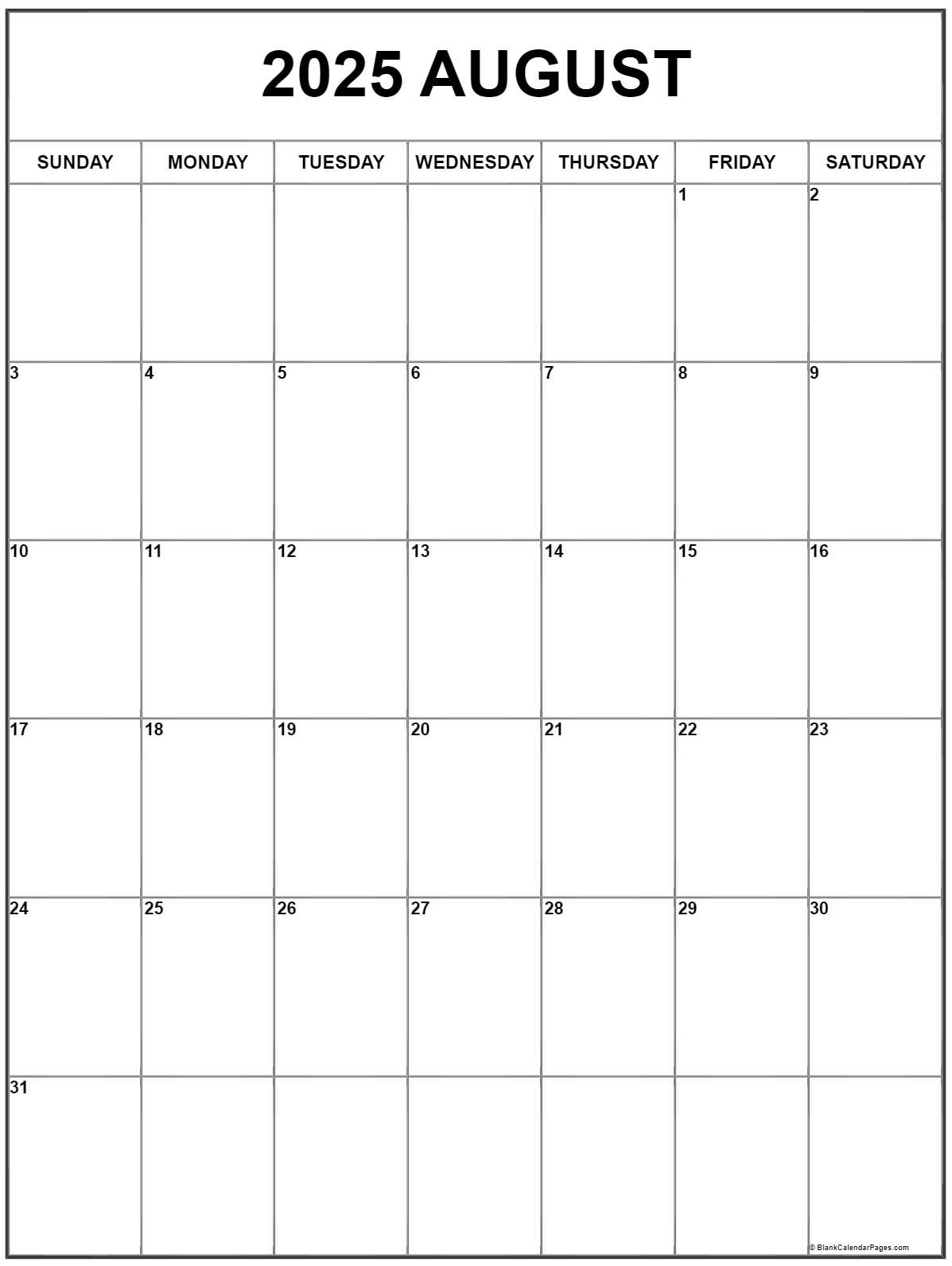 August 2025 Vertical Calendar Portrait