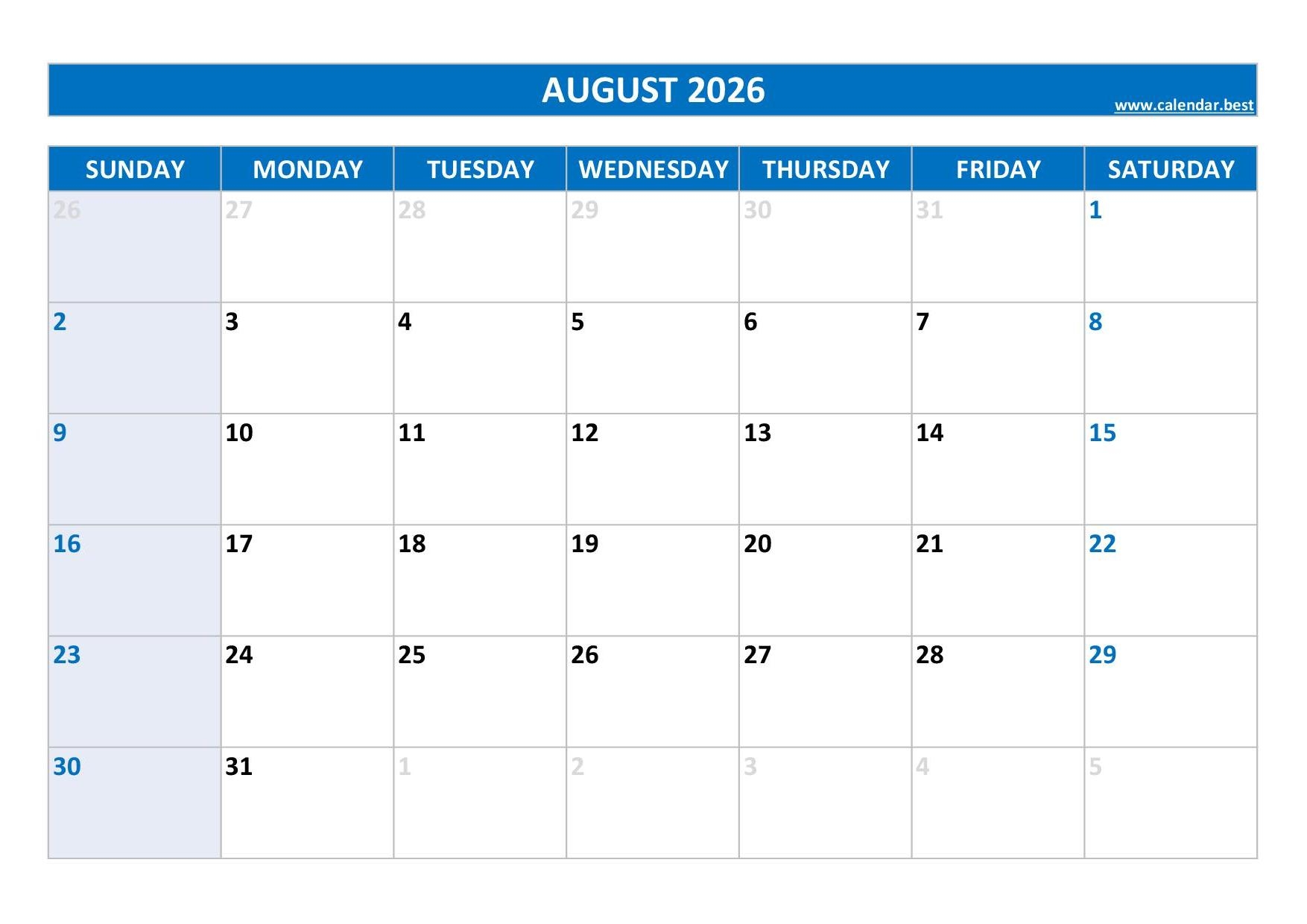 Aug 2026 Printable Calendar