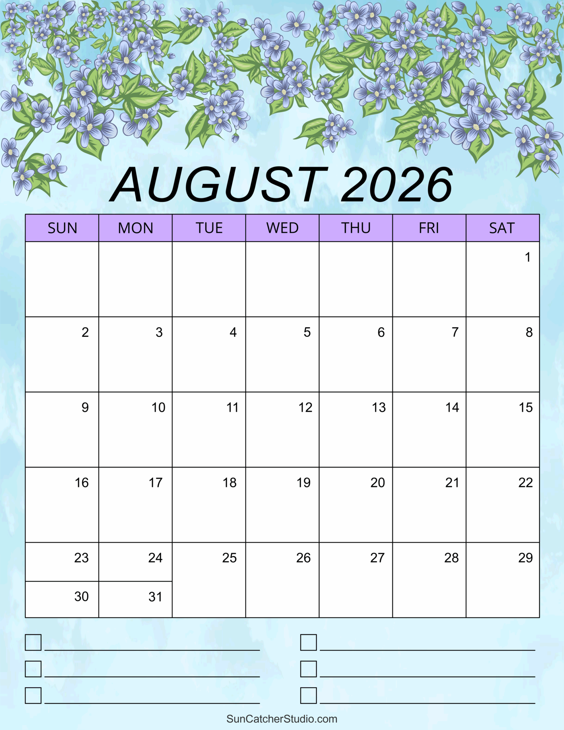 August Calendar 2026 Printable Free