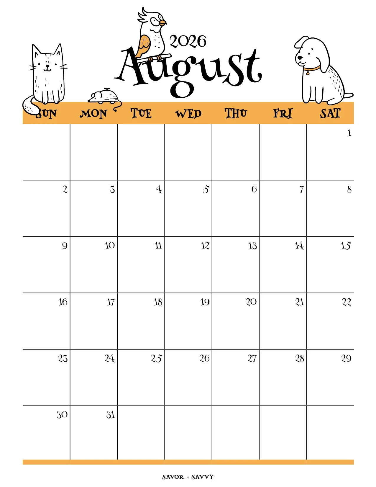 August 2026 Monthly Calendar Printable