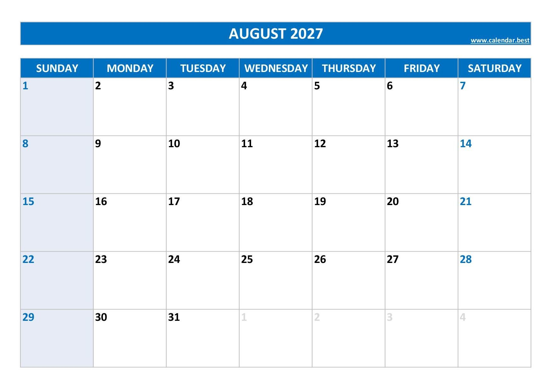 August 2027 Calendar Calendar best