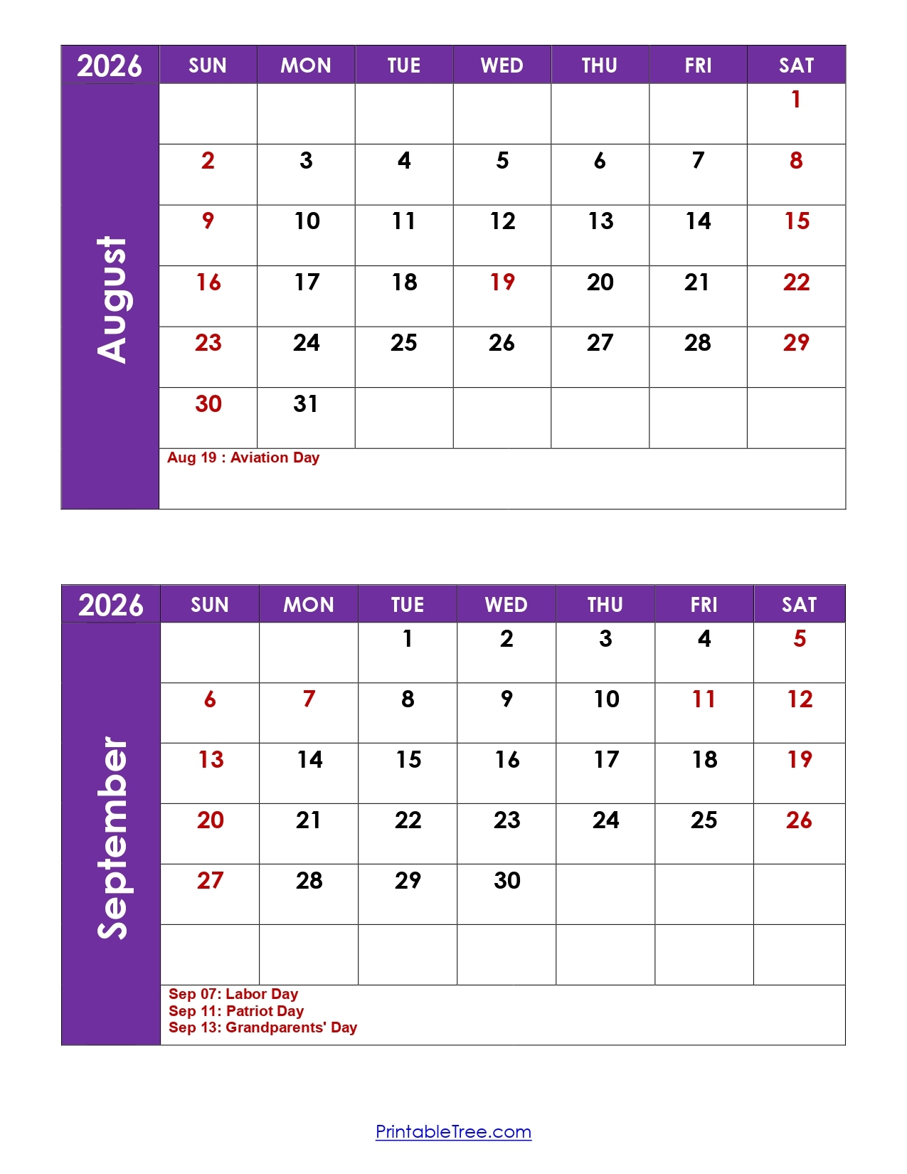 August Printable Calendar 2026