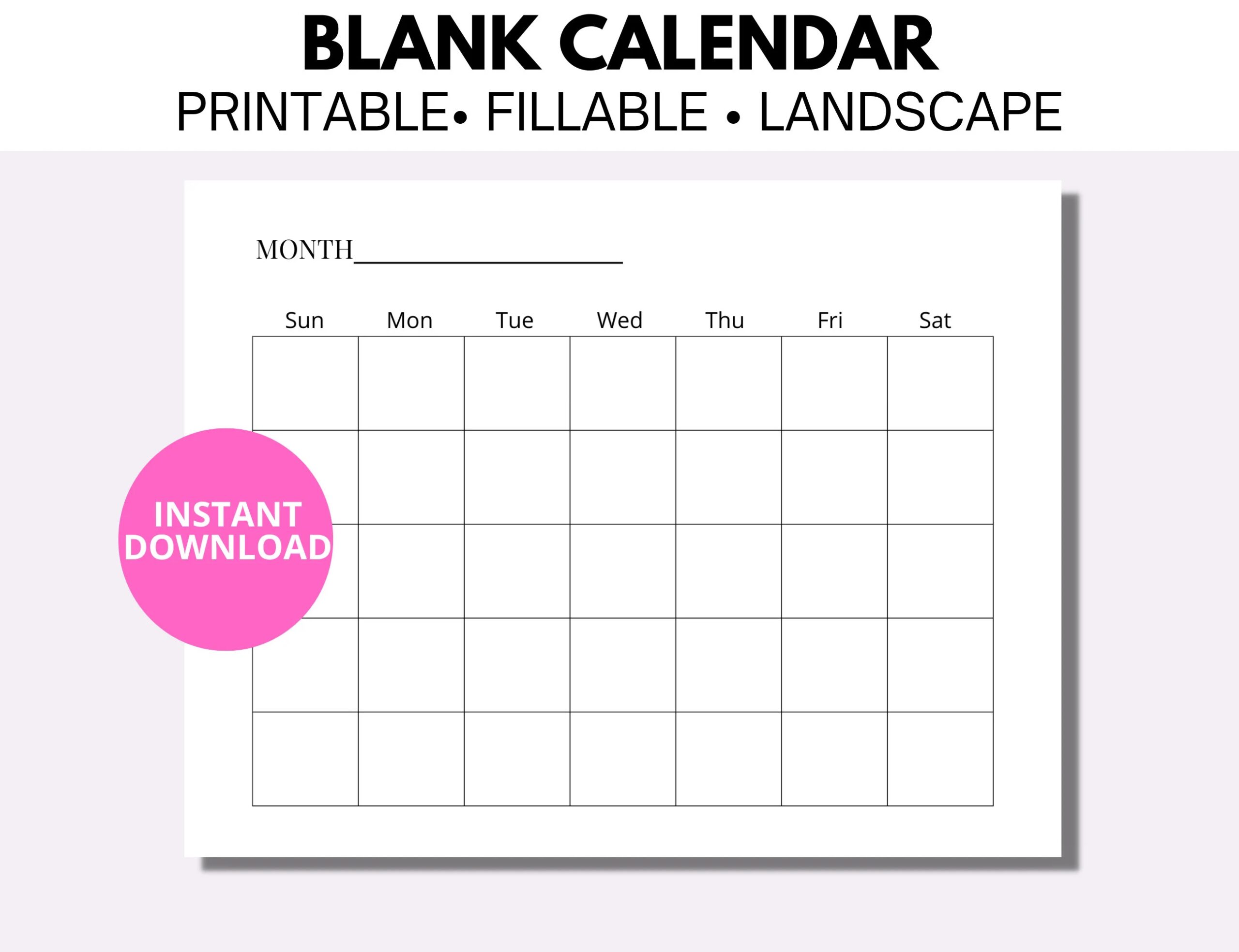 Blank Monthly Calendar Minimalist Calendar Printable And Fillable Calendar Sunday monday Start US Letter Landscape Digital Download Etsy