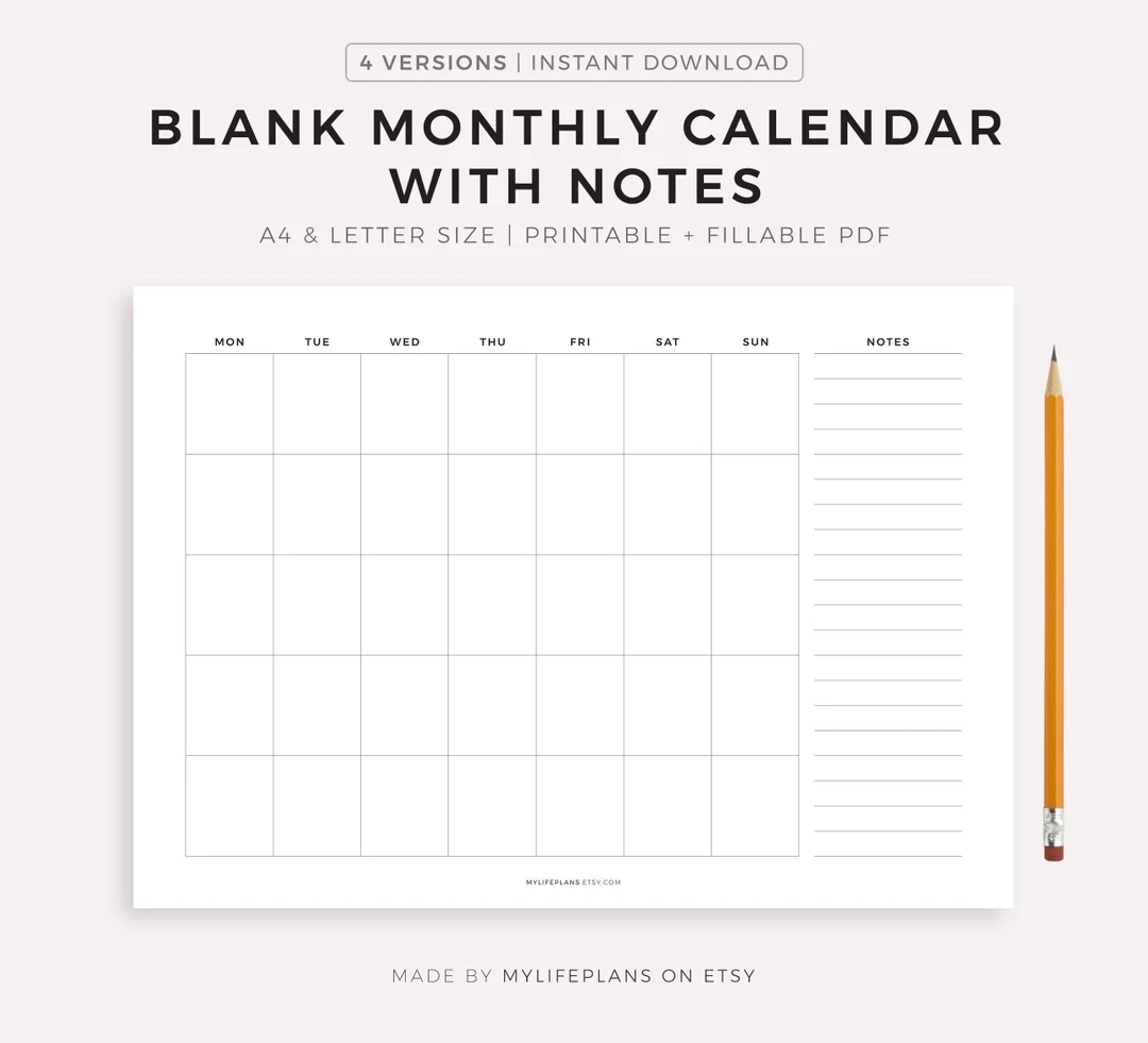 Blank Monthly Calendar With Notes Landscape Printable Calendar Template Desk Calendar Wall Calendar Monday sunday Start A4 letter Etsy