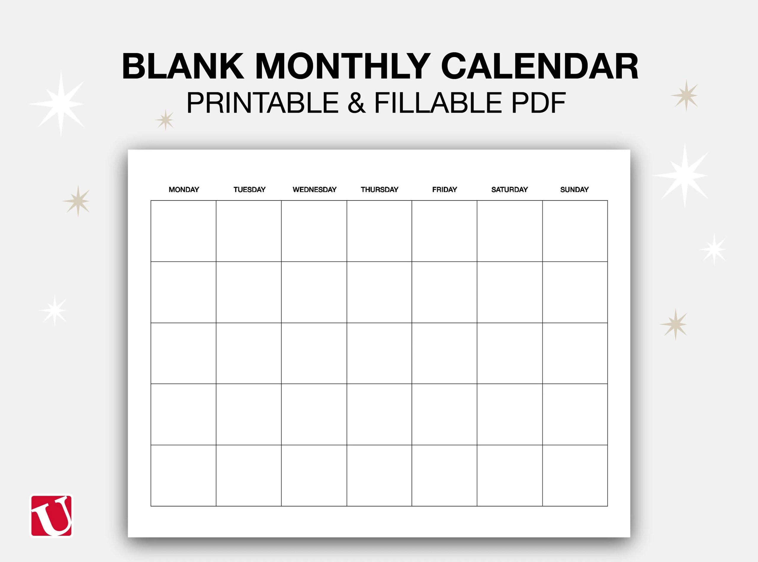 Blank Monthly Printable Calendar Undated Minimalist Calendar Template Landscape Monday sunday Start Printable Fillable PDF Calendar Etsy