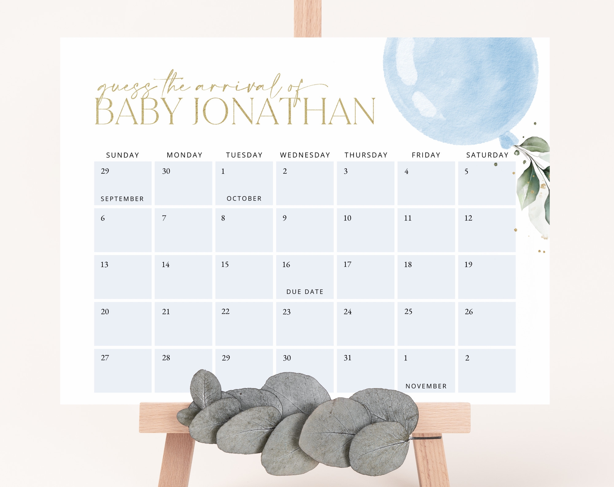 Blue Balloon Guess The Due Date Baby Shower Game