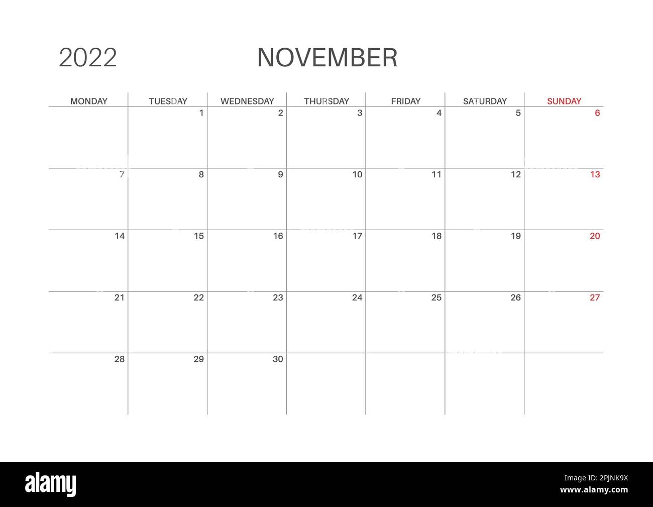 Calendar 2022 November Month Monday Week Start Printable Calendar Template For Planners Week Number Minimalist Style Stock Vector Image Art Alamy