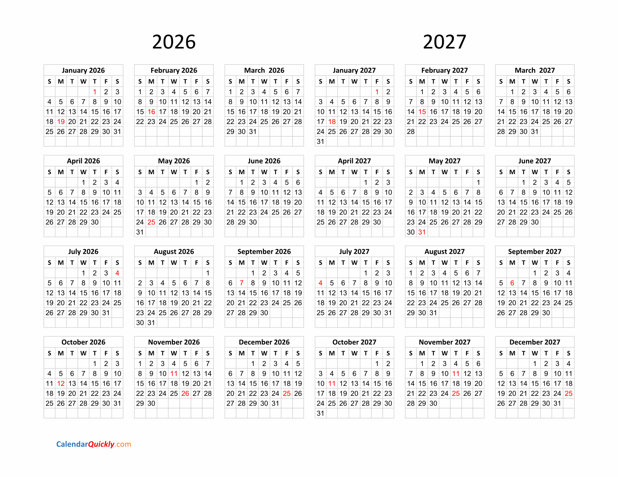 Calendar 2026 And 2027 On One Page Calendar Quickly