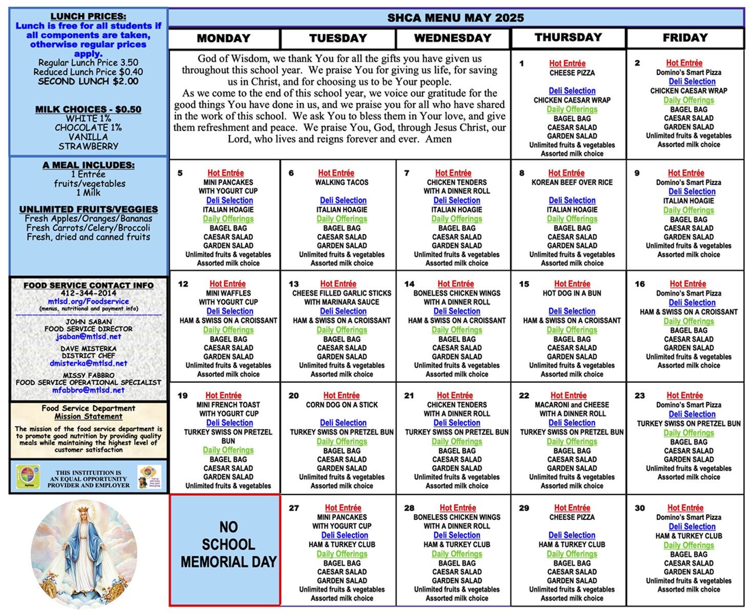 Calendar Food Service South Hills Catholic Academy Calendar Food Service South Hills Catholic Academy
