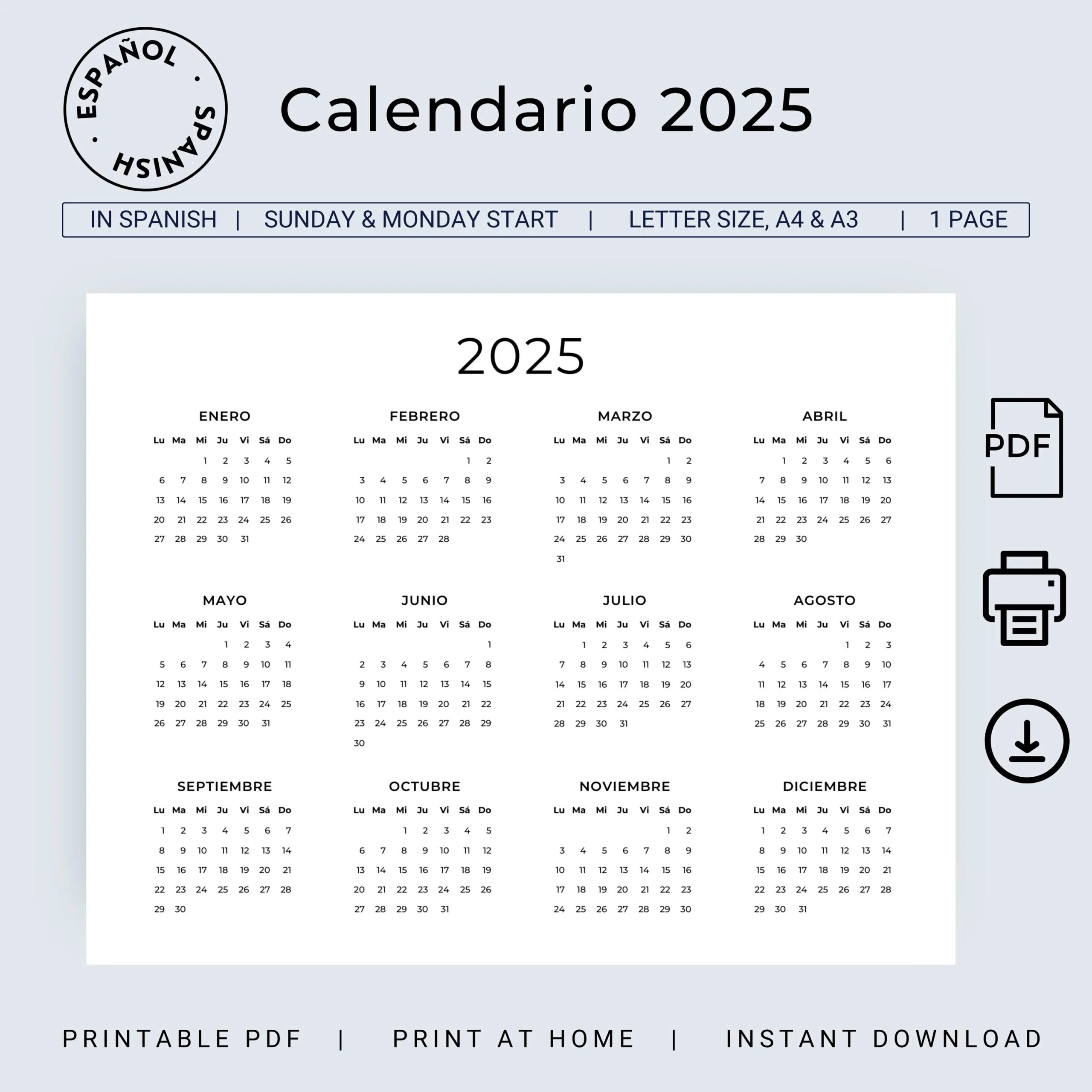 Spanish Calendar 2025 Printable