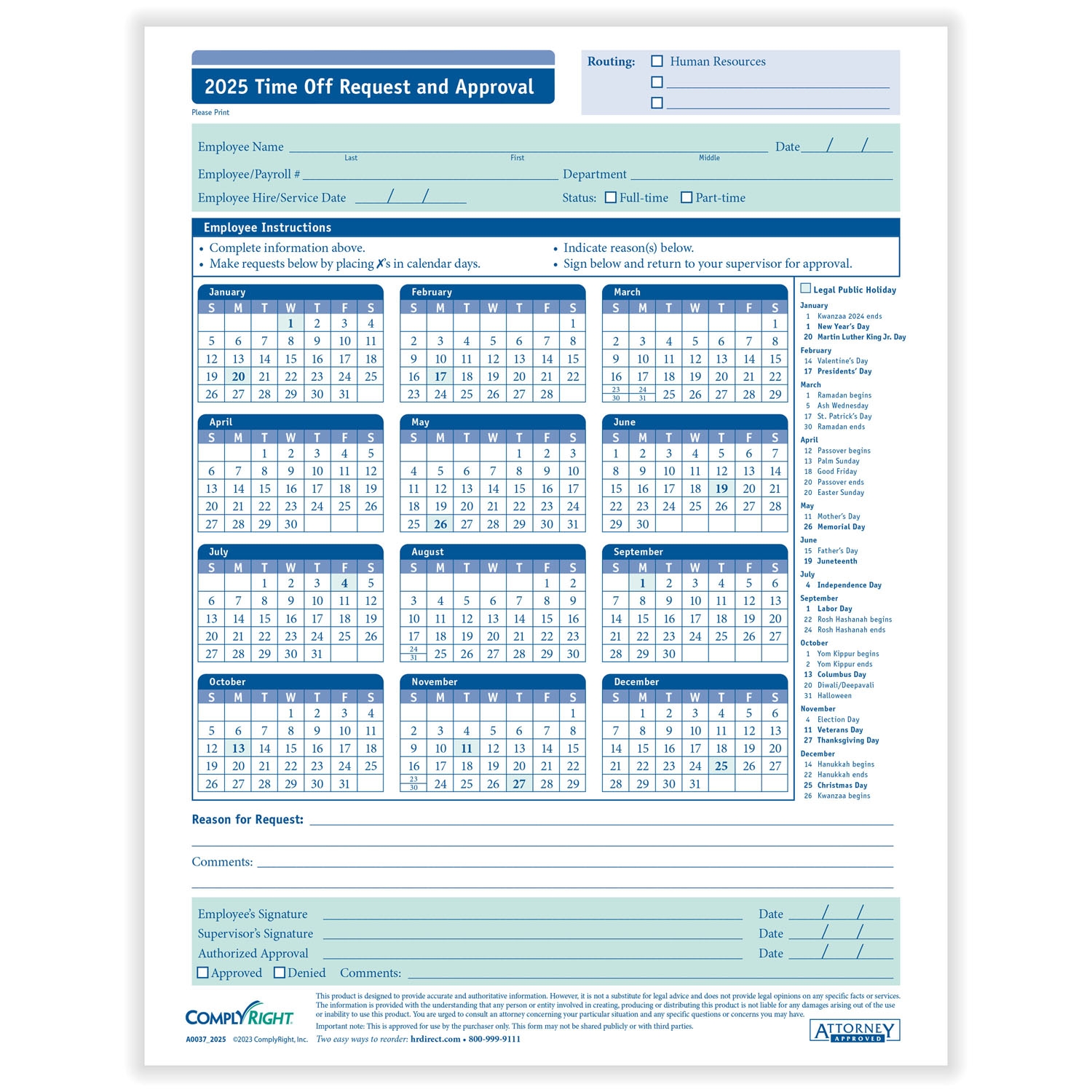 ComplyRightDealer 2025 Time Off Request Approval Calendar Pack Of 50