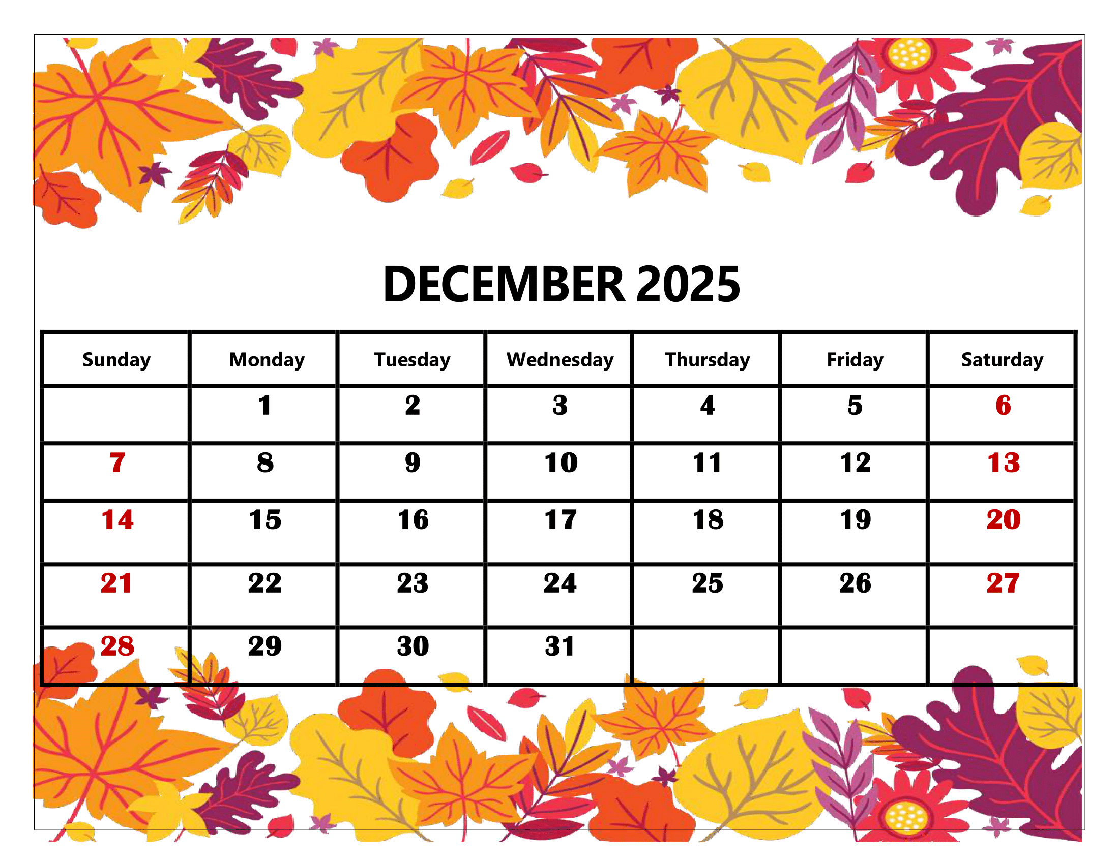 December 2025 Calendar Printable PDF Template With Holidays December 2025 Calendar Printable PDF Template With Holidays