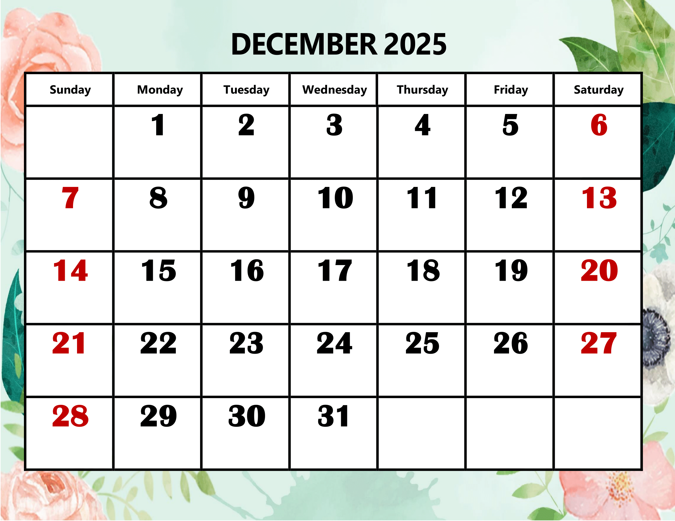 Printable December 2025 Calendar With Holidays Printable December 2025 Calendar With Holidays