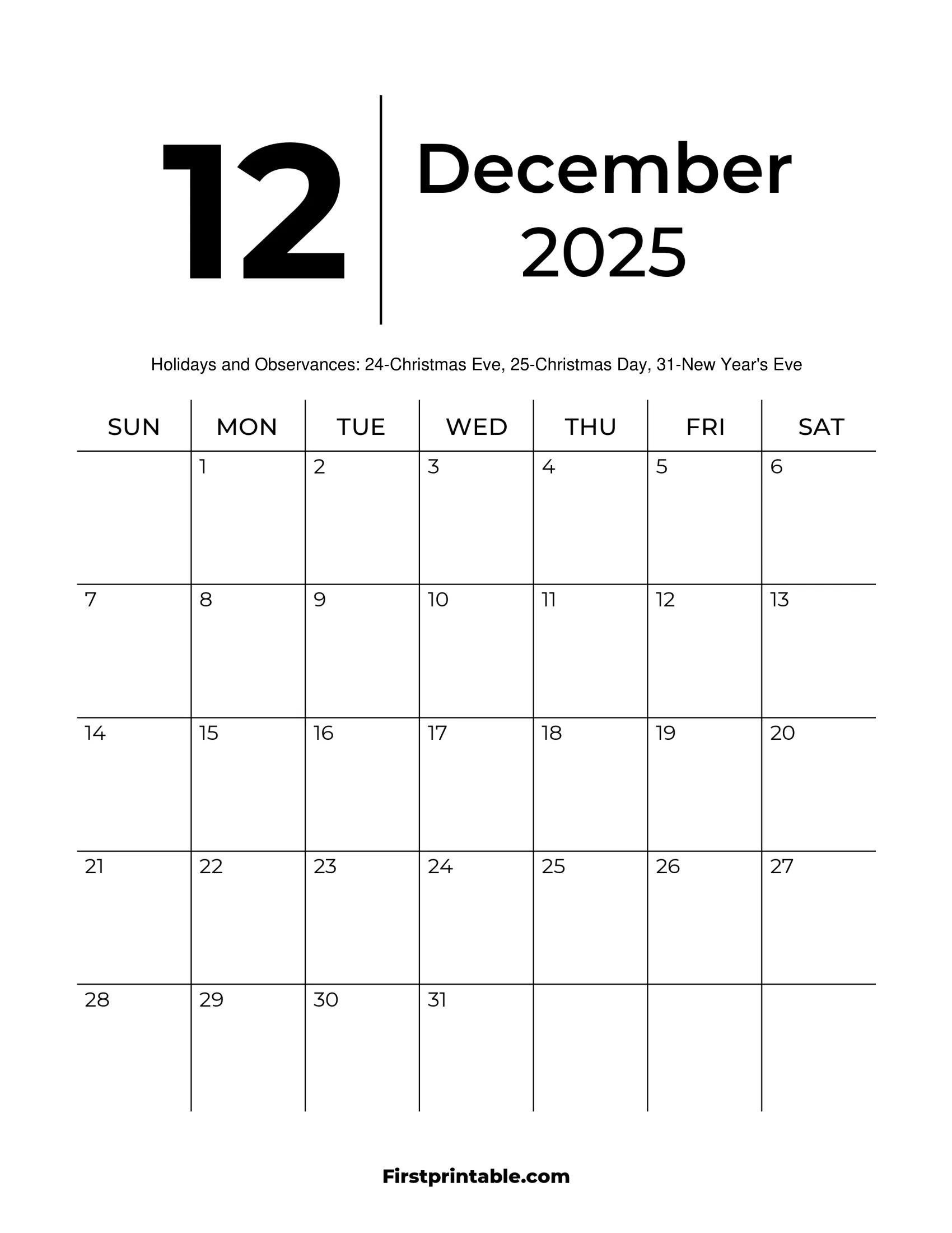 December 2025 Calendars Free Printable Fillable