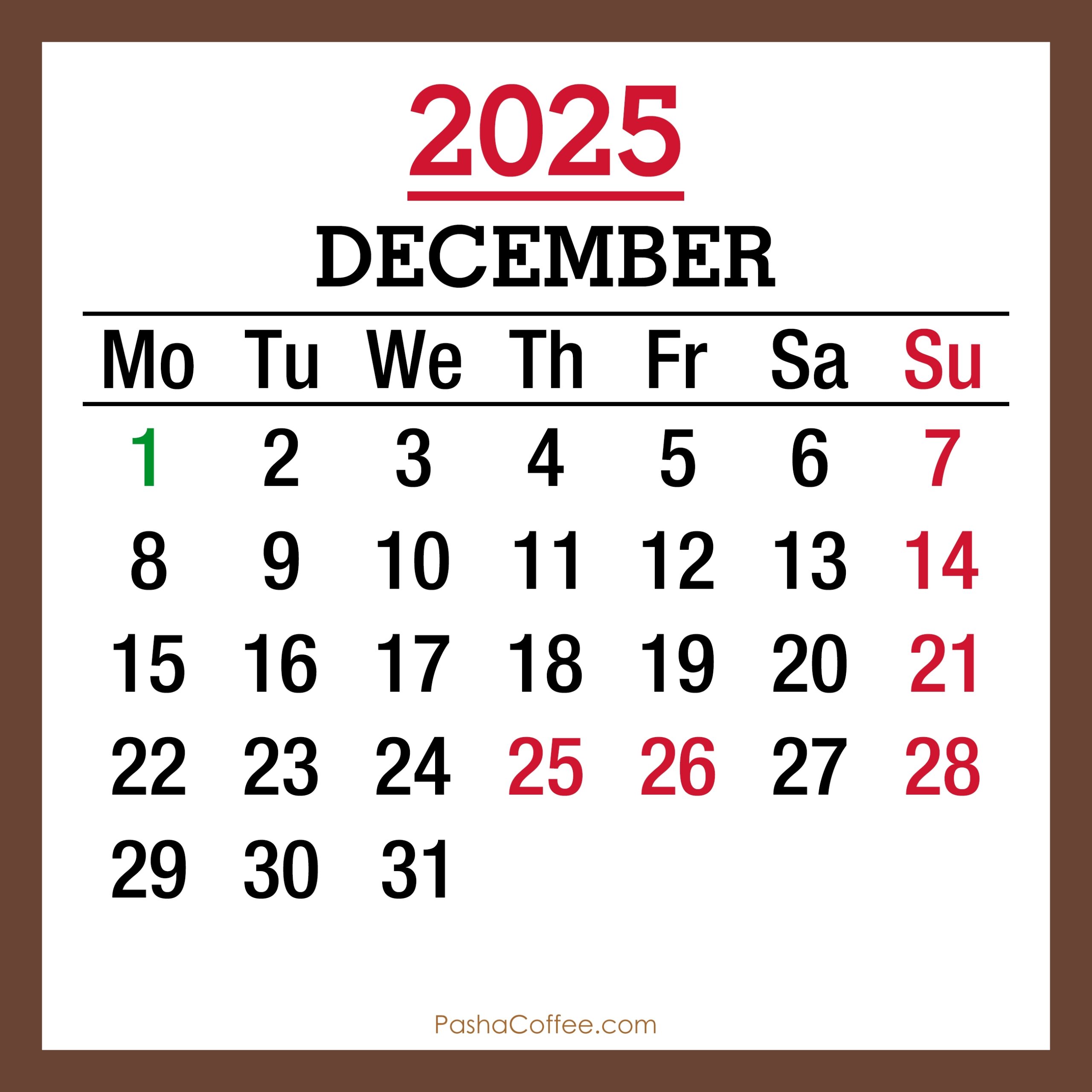 December 2025 Monthly Calendar With UK Holidays Printable Free Brown PashaCoffee December 2025 Monthly Calendar With UK Holidays Printable Free Brown PashaCoffee
