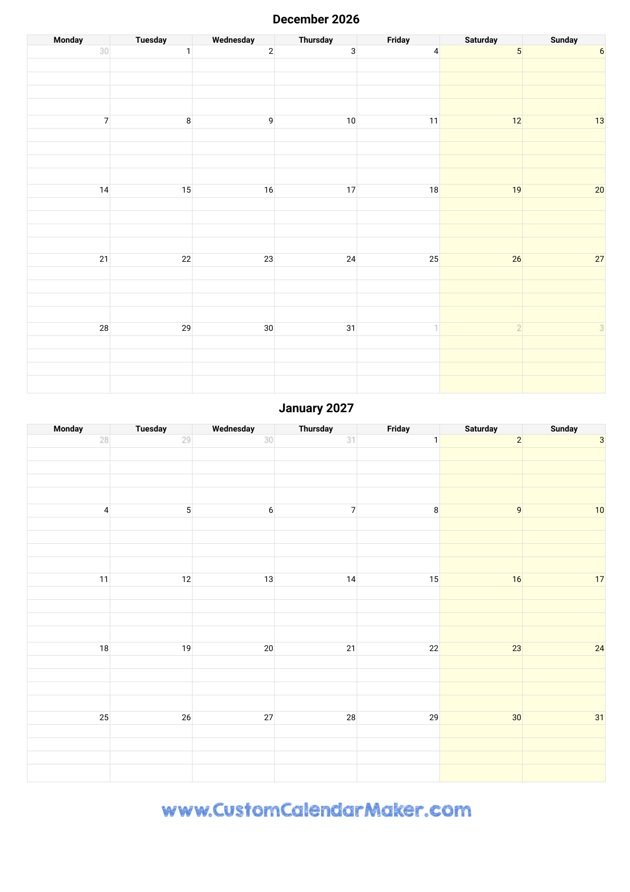 2026 July-Dec Printable Calendar