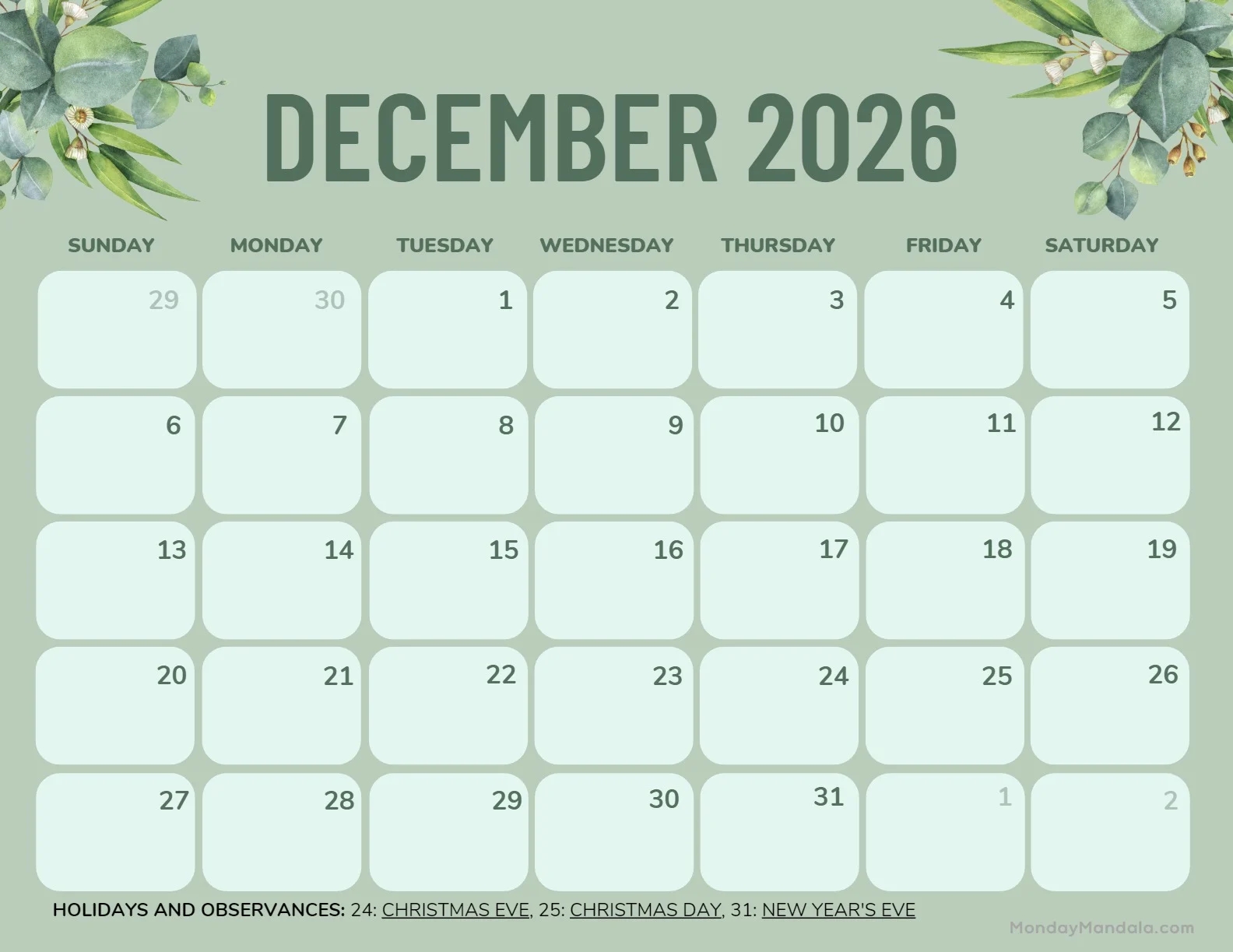 December 2026 Calendars 52 Free PDF Printables 