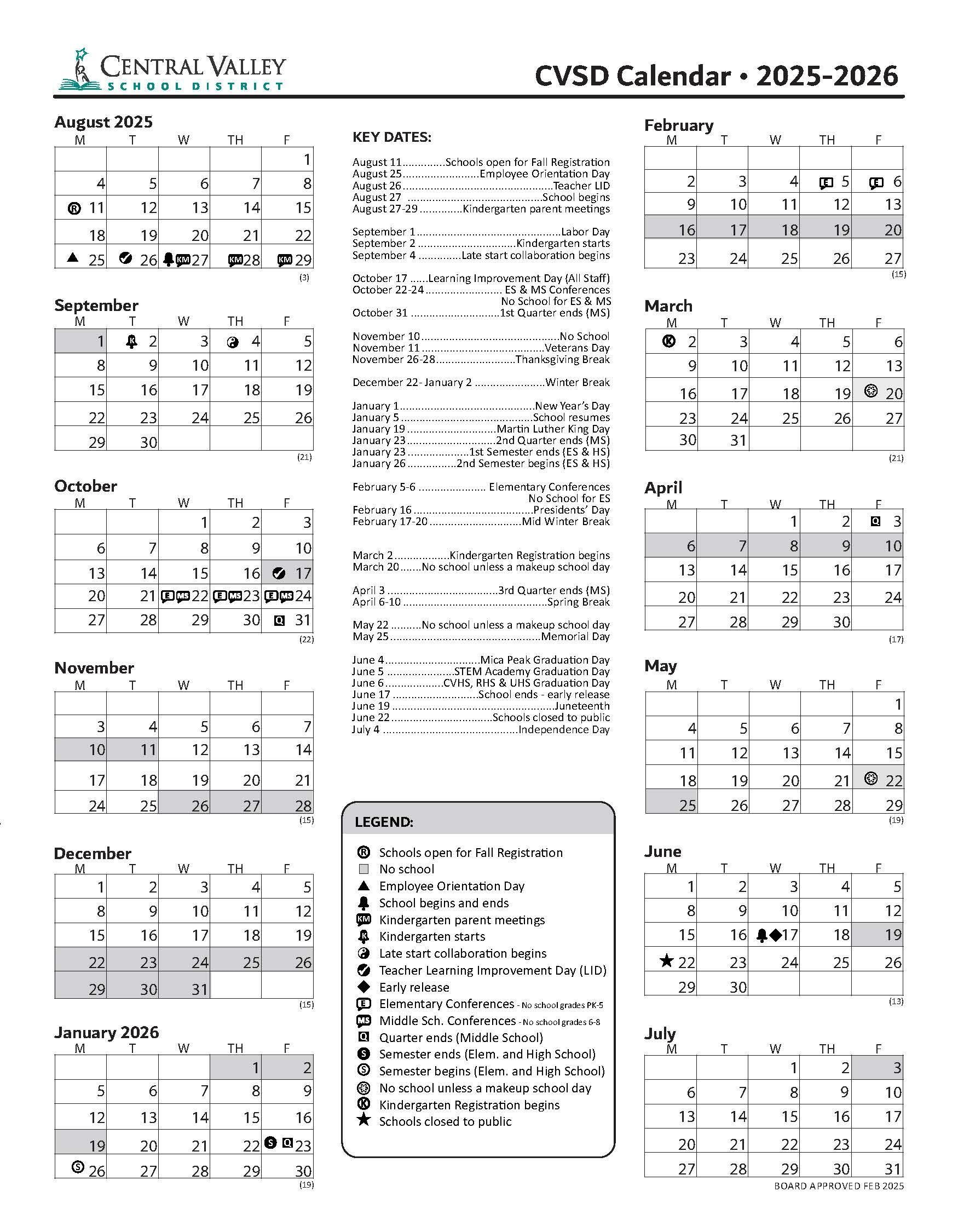 Printable School Calendar 2025-26