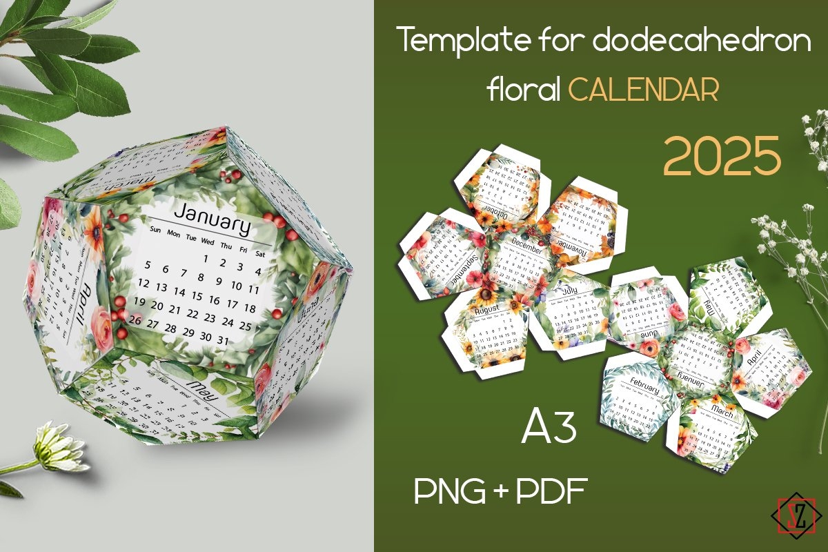 dodecahedron flower calendar template for the year 2025