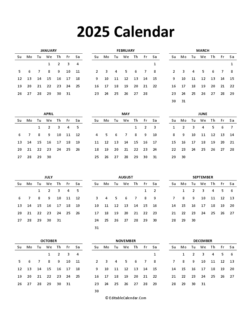 Printable Monthly Calendar 2025 Word Template