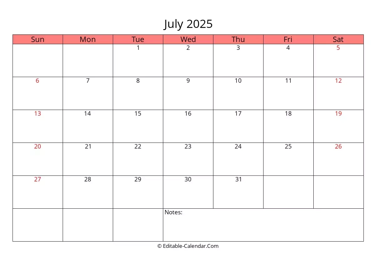 July Monthly Calendar 2025 Printable