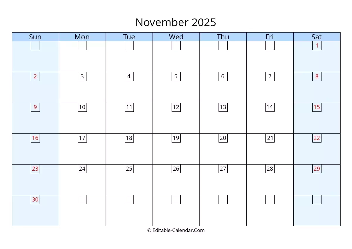 Editable Calendar November 2025 In Excel Word PDF