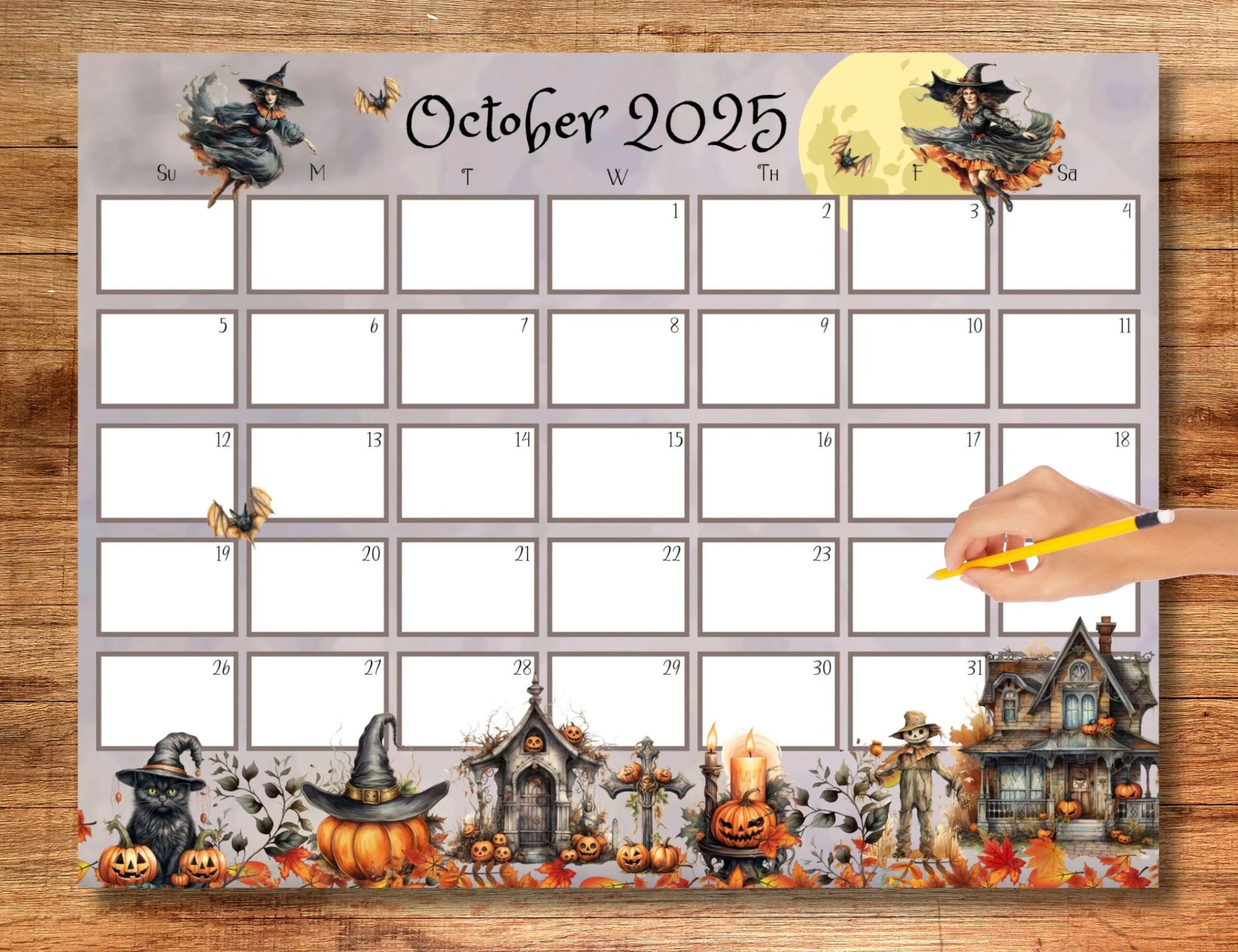 editable october 2025 calendar whimsical calendar spooky halloween witches printable monthly calendar school calendar digital etsy