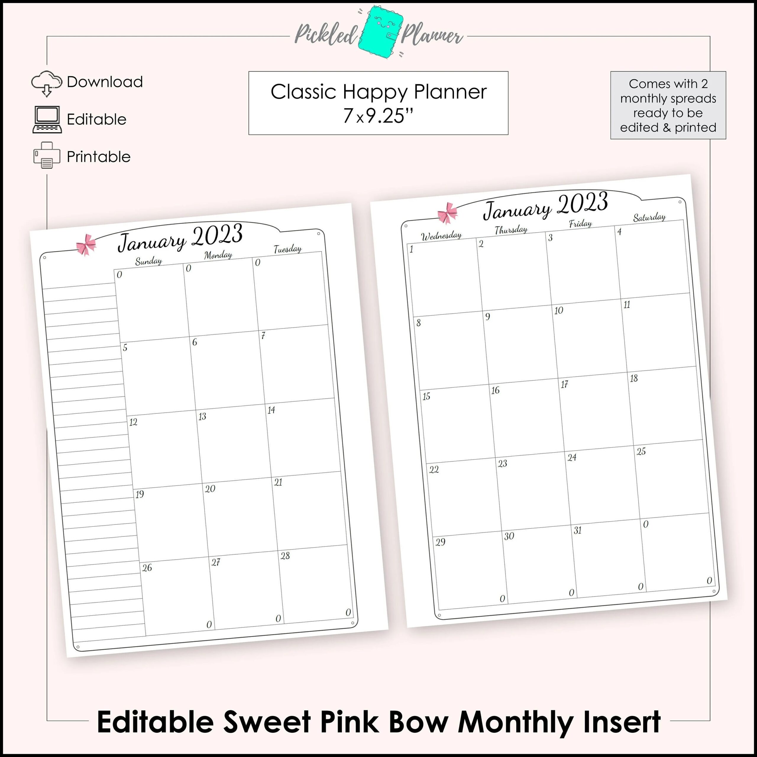 Editable Sweet Pink Bow Undated Monthly Planner binder Printable 7x9 25 Classic Happy Planner Size Etsy