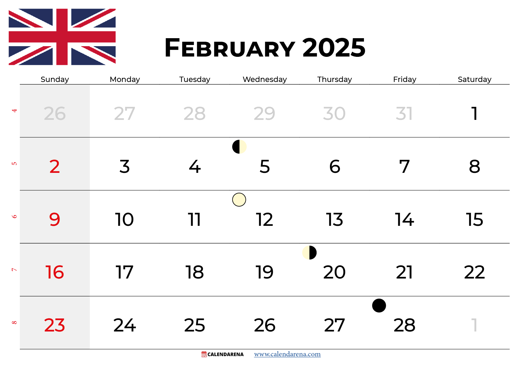 February 2025 Calendar Printable UK