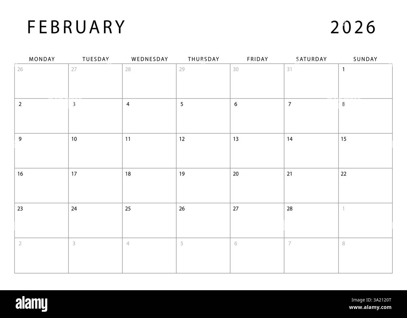February 2026 Weekly Calendar Printable