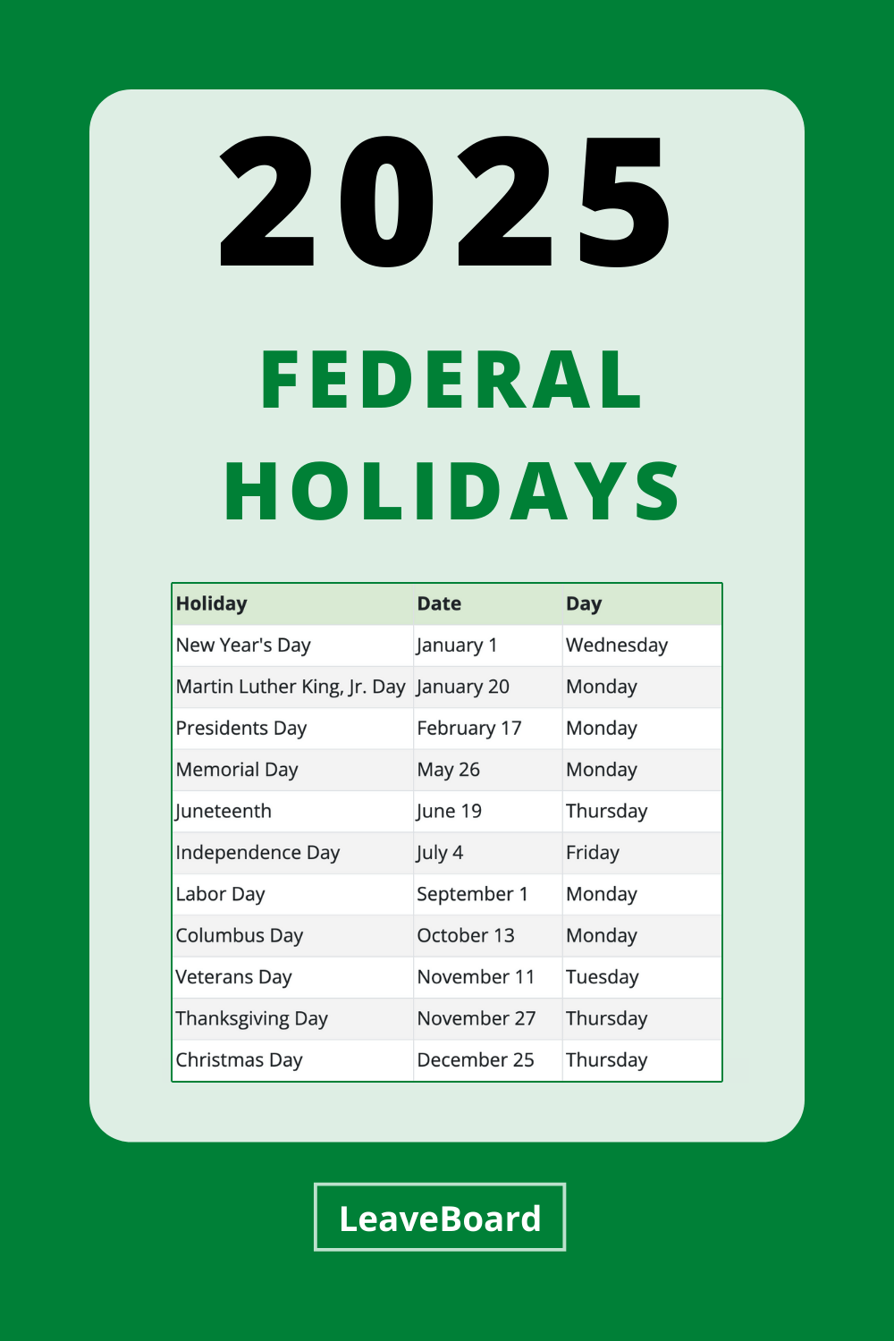 2025 Calendar With Federal Holidays Printable