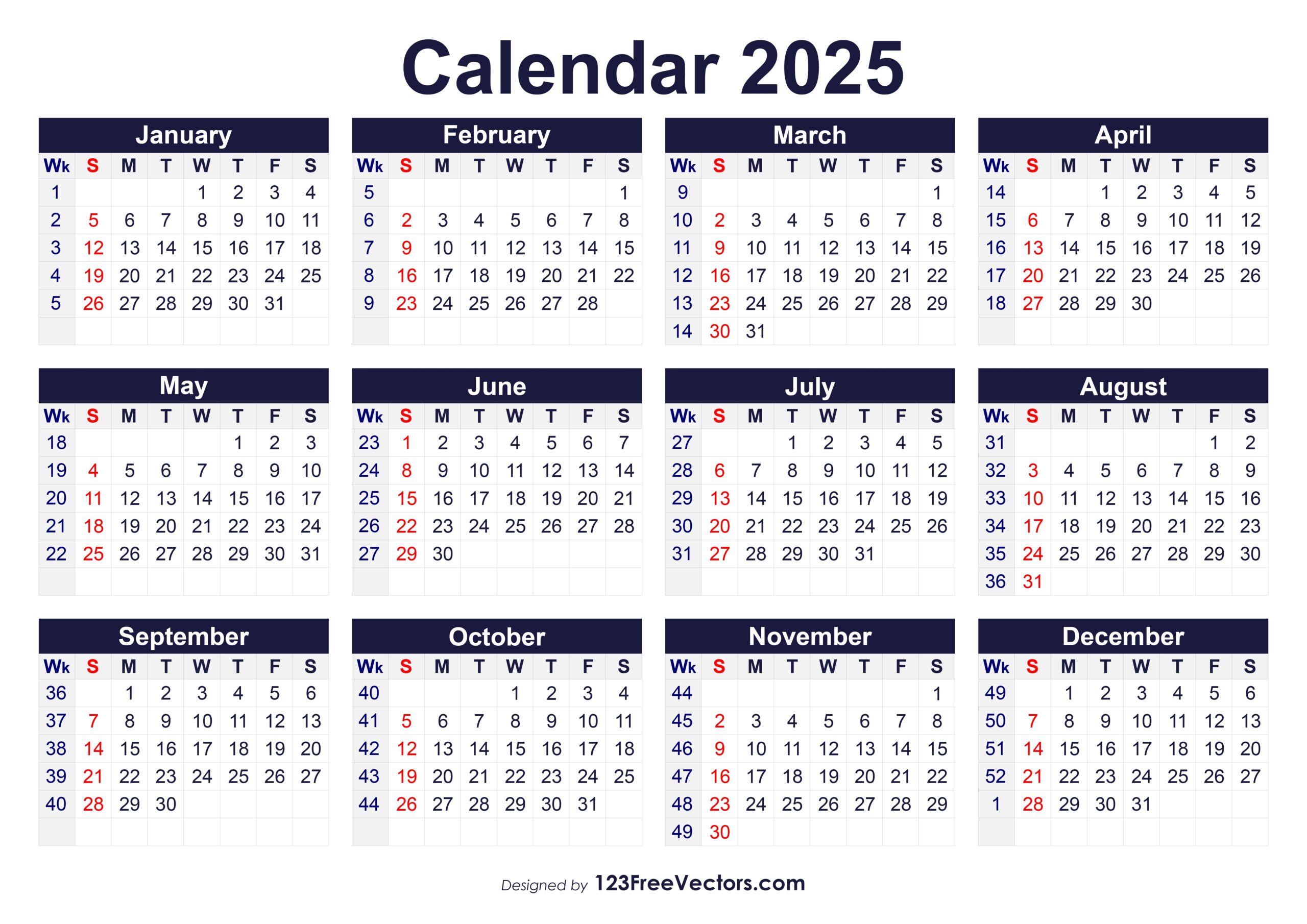 Free Download 2025 Calendar One Page