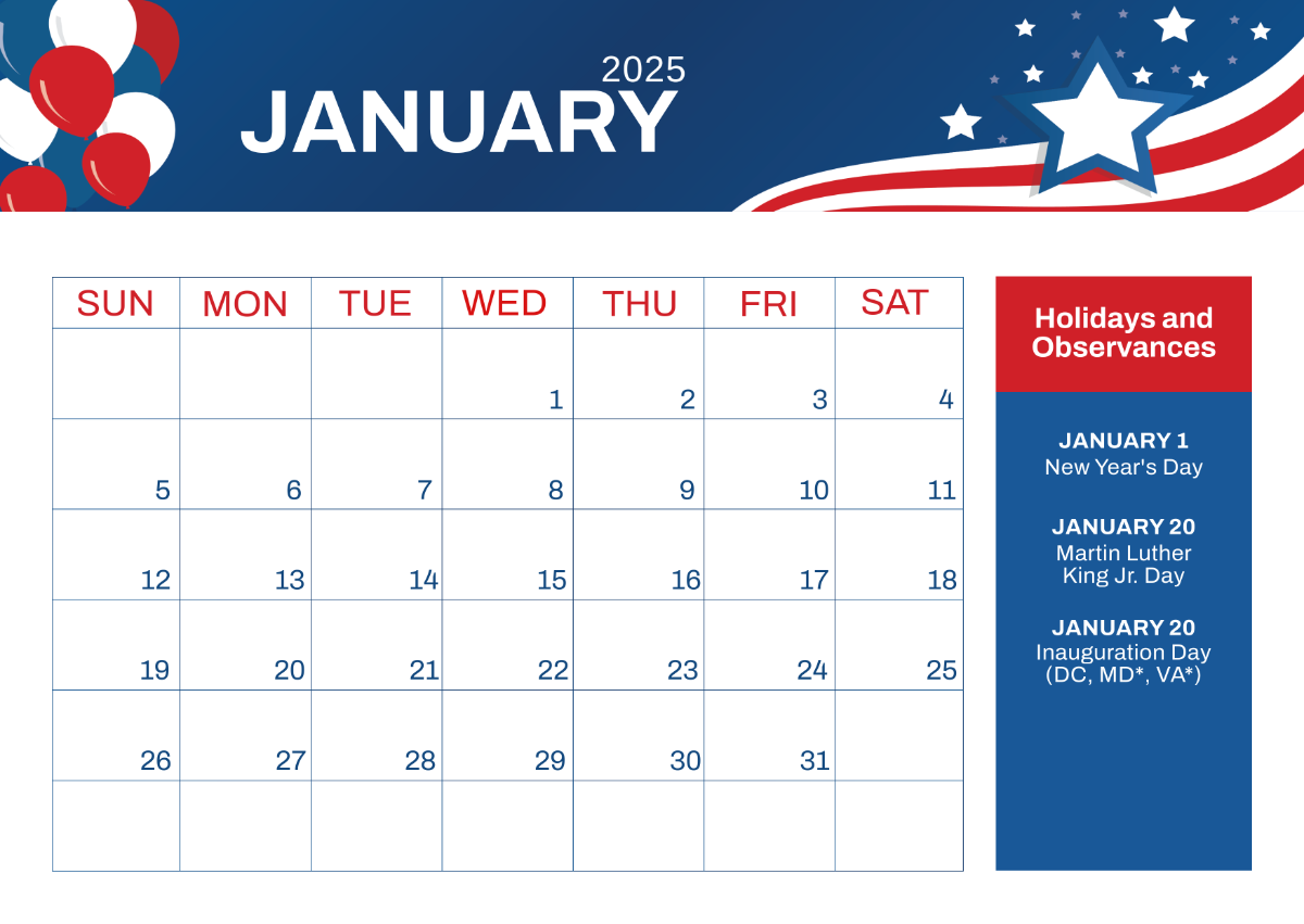 Free January 2025 Calendar With Holidays Template To Edit Online