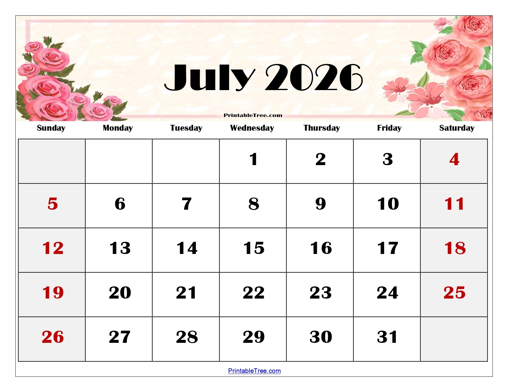 Free Printable 2026 Calendar July Free Printable 2026 Calendar July