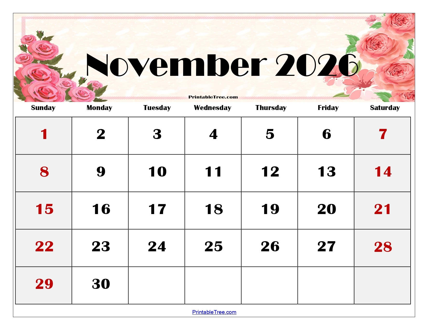 Printable Blank November 2026 Calendar