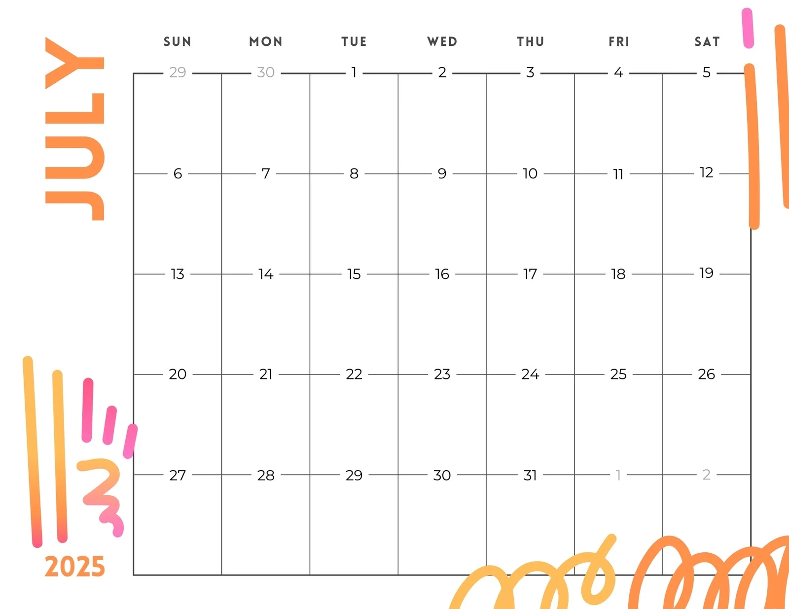 Free Printable Calendar Templates July 2025