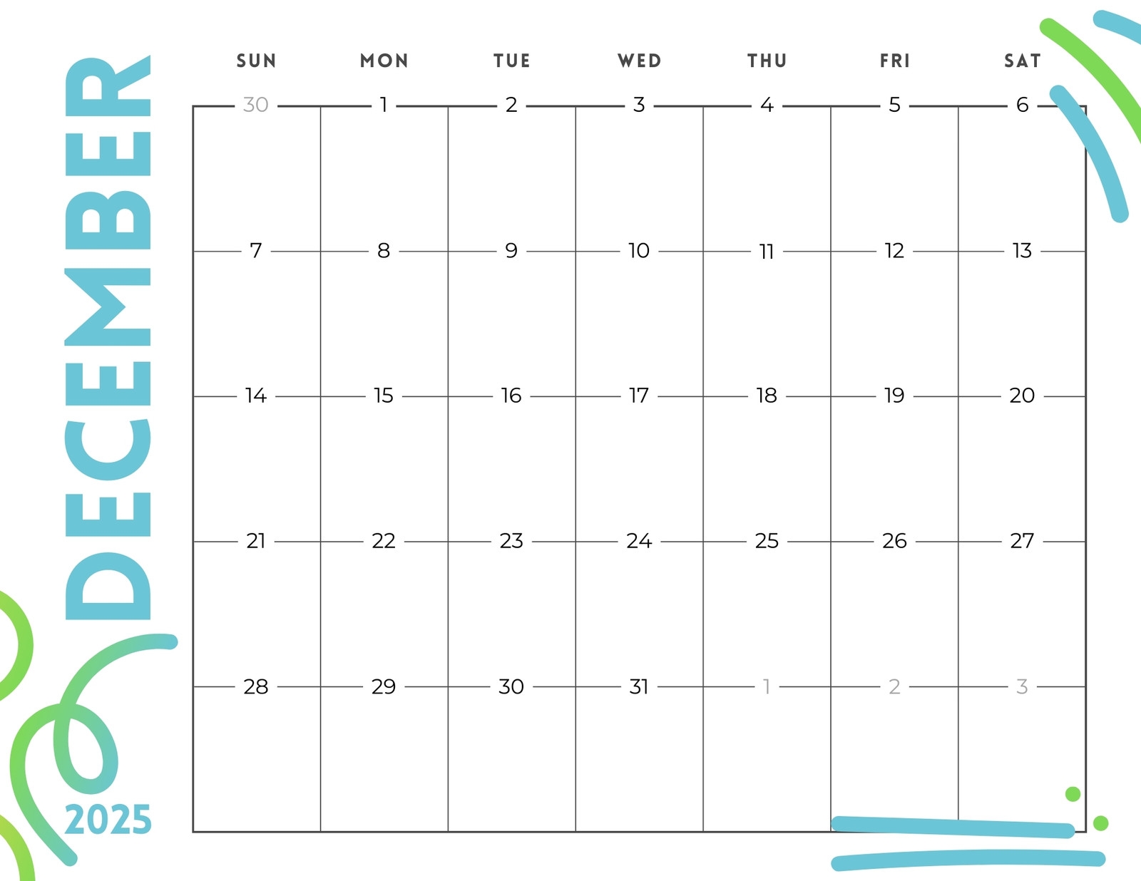 Free Printable December 2025 Calendar Templates Canva