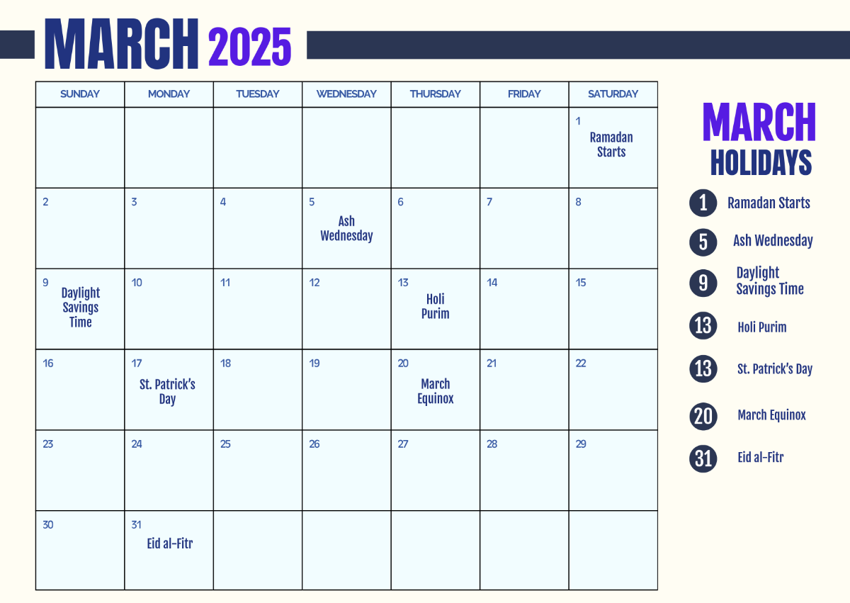 2025 Printable Holiday Calendar