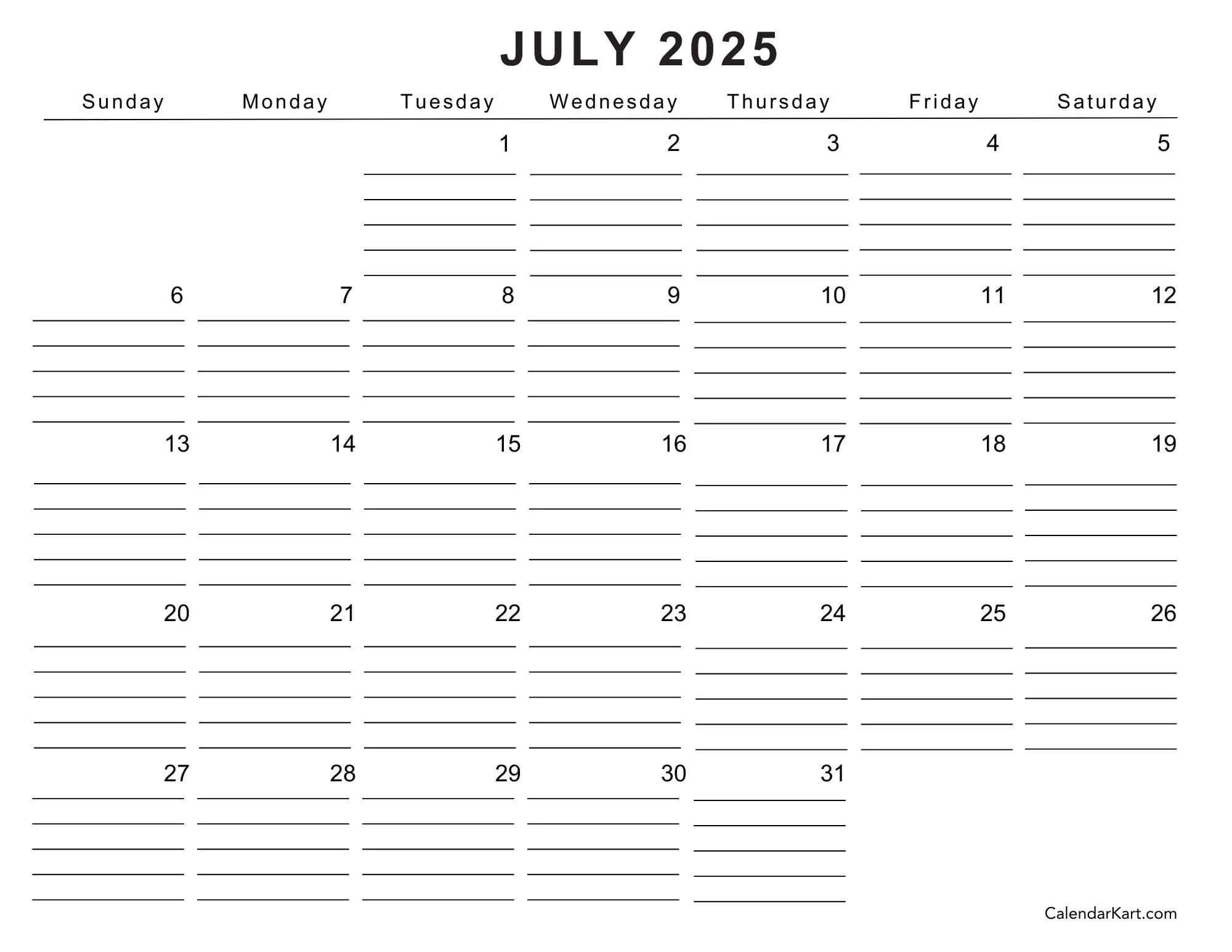 2025 July Calendar Printable