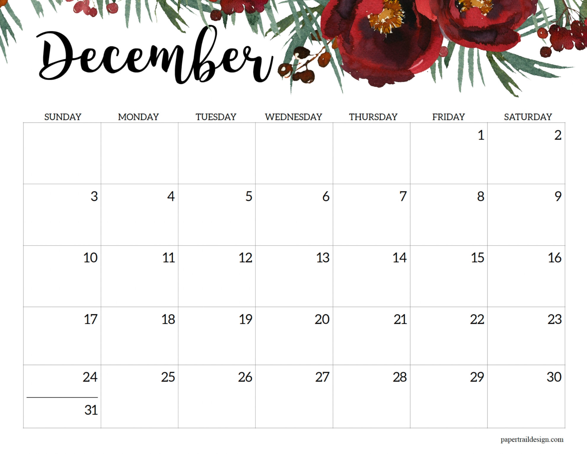 Horizontal Floral Printable Calendar 2023 Paper Trail Design Horizontal Floral Printable Calendar 2023 Paper Trail Design