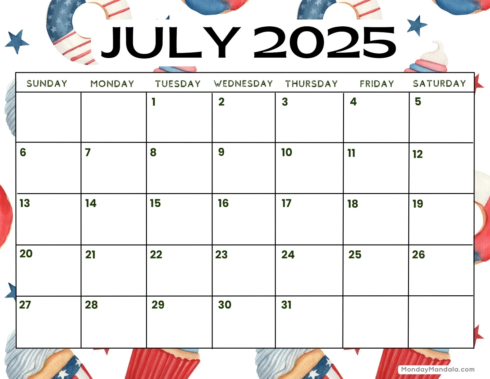 Calendar 2025 Printable July