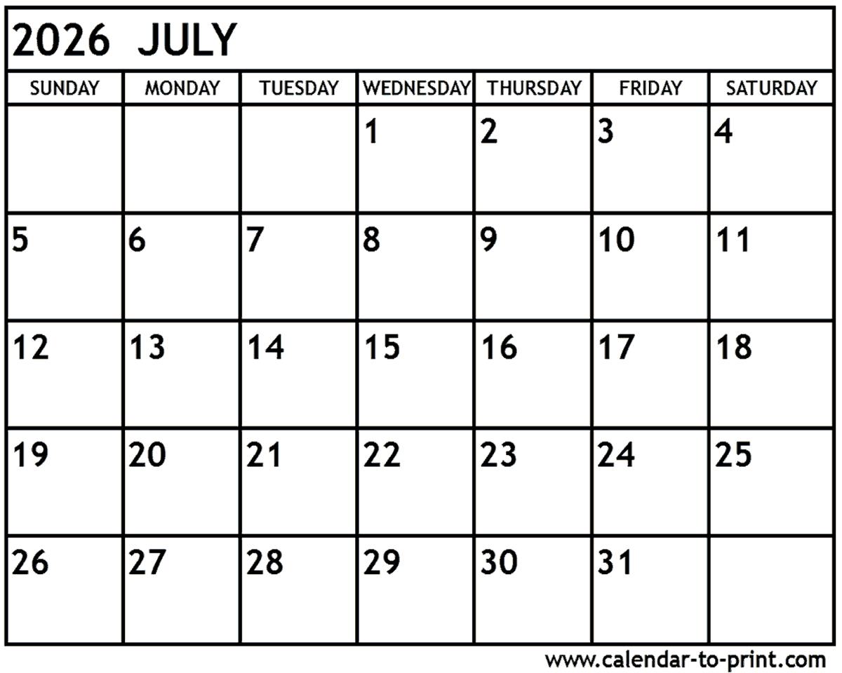 Printable Coloring Calendar For July 2026