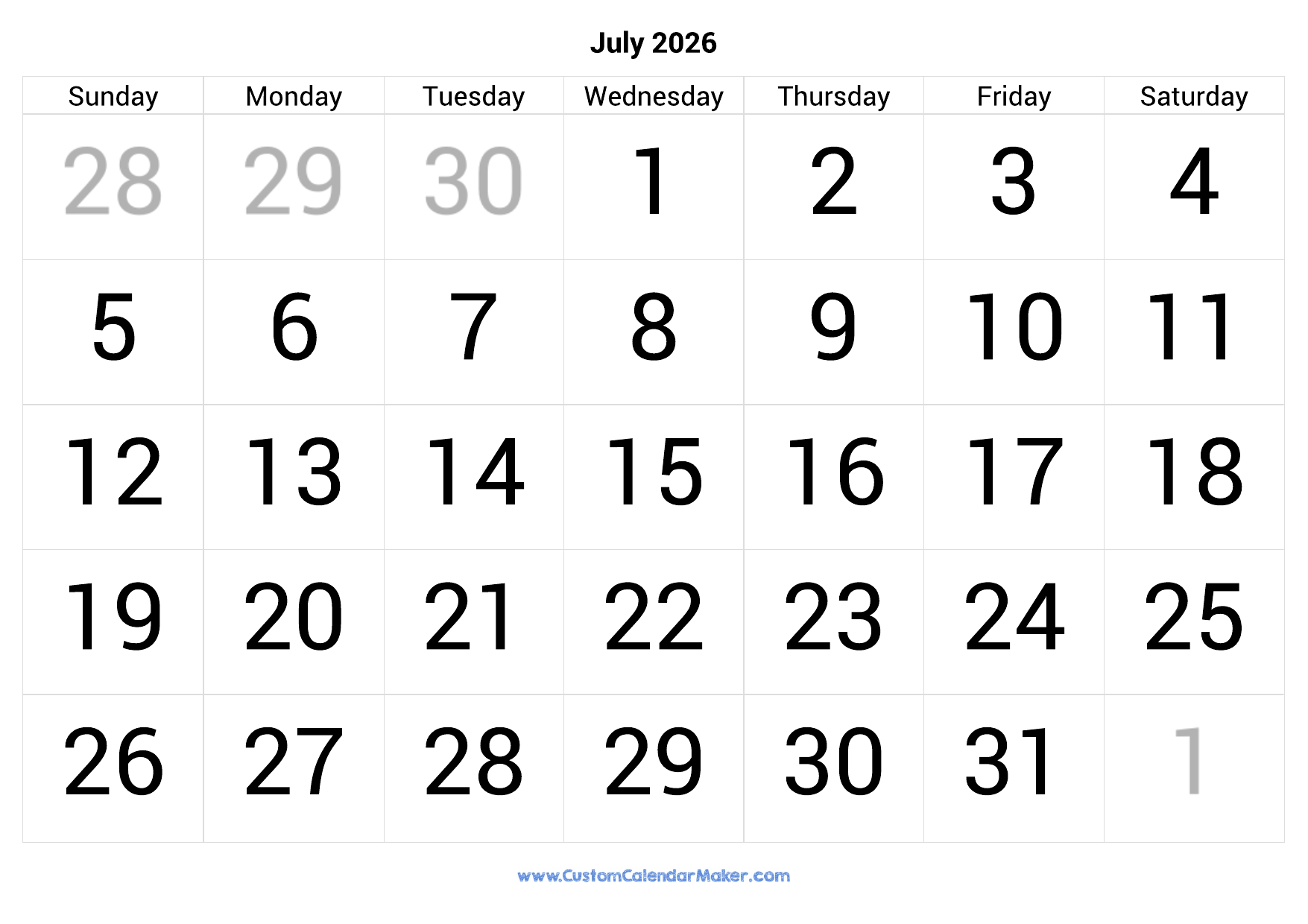July 2026 Calendar Printable With Large Numbers Custom Calendar Maker July 2026 Calendar Printable With Large Numbers Custom Calendar Maker