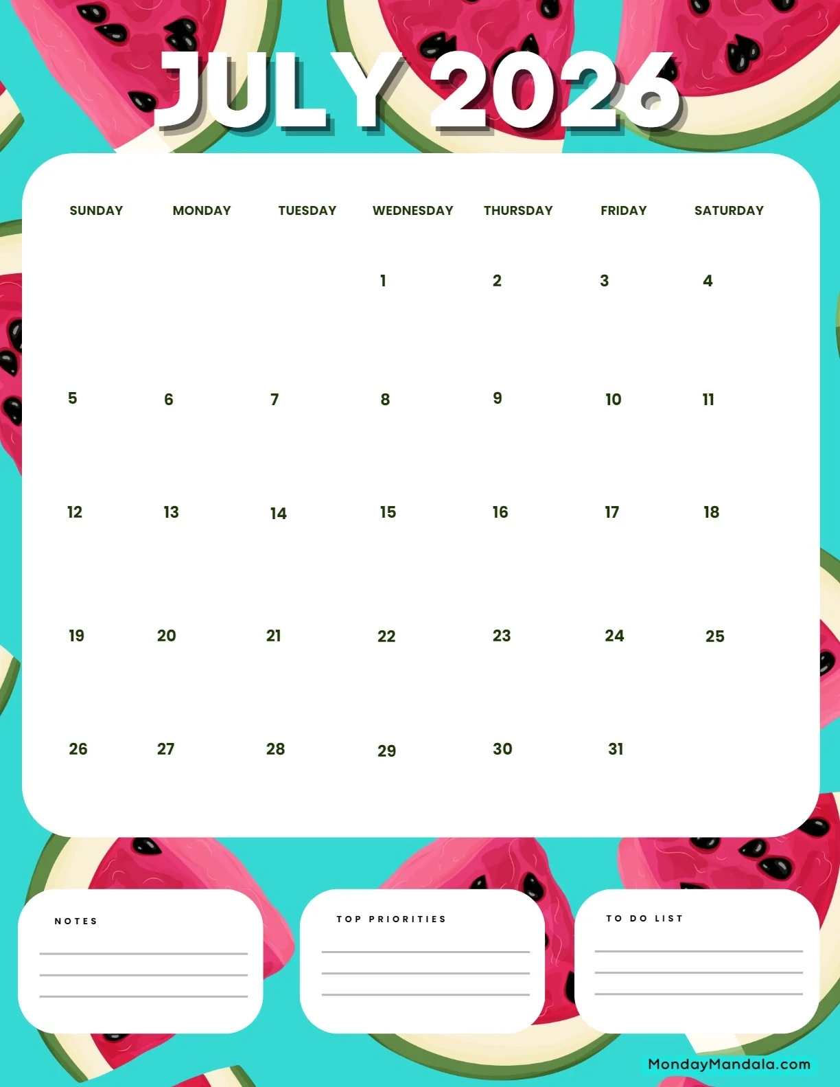July 2026 Calendar Printable Cute July 2026 Calendar Printable Cute