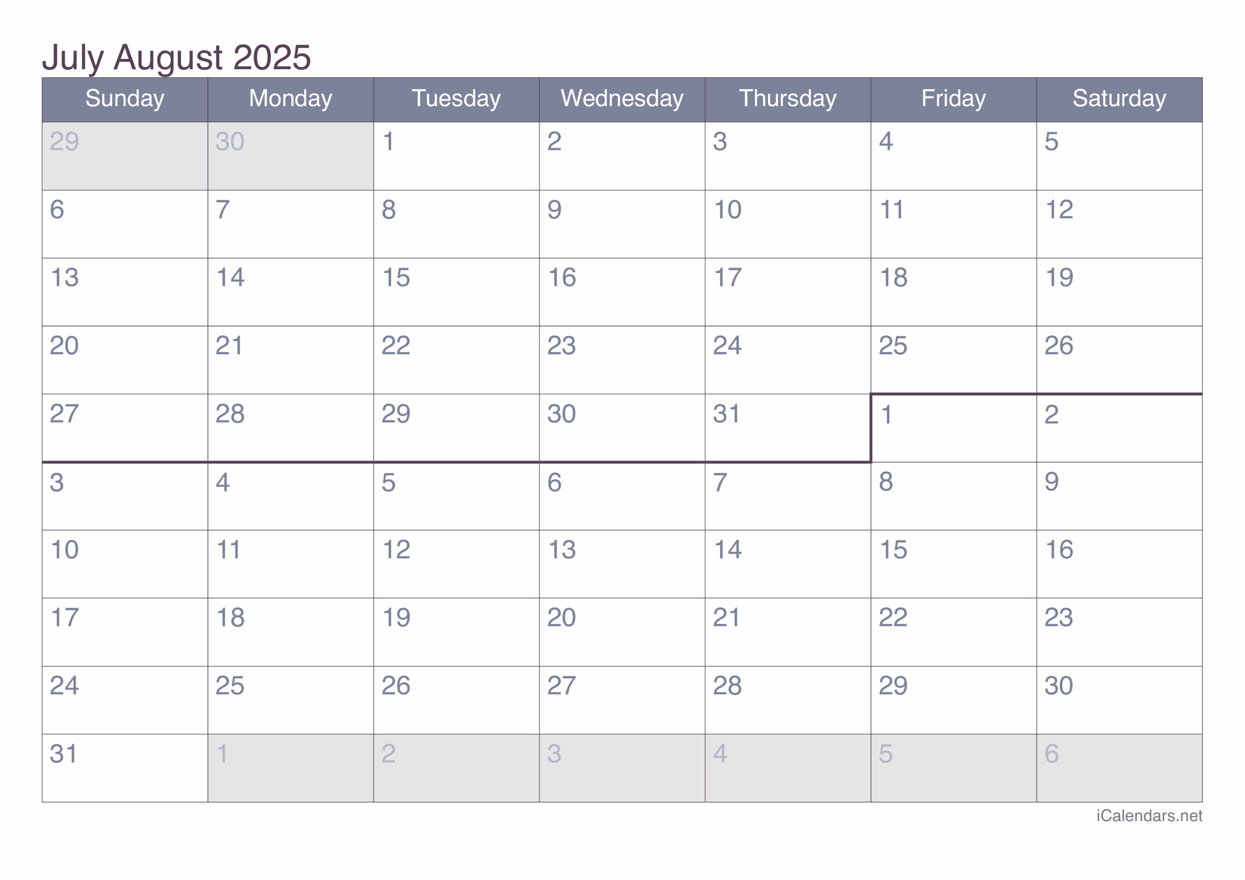 july and august 2025 printable calendar july and august 2025 printable calendar