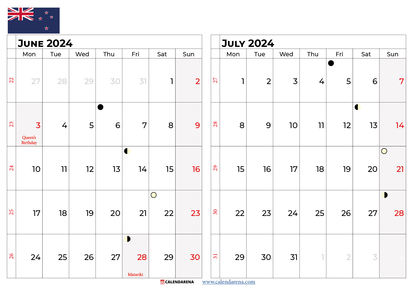 July Calendar 2024 NZ