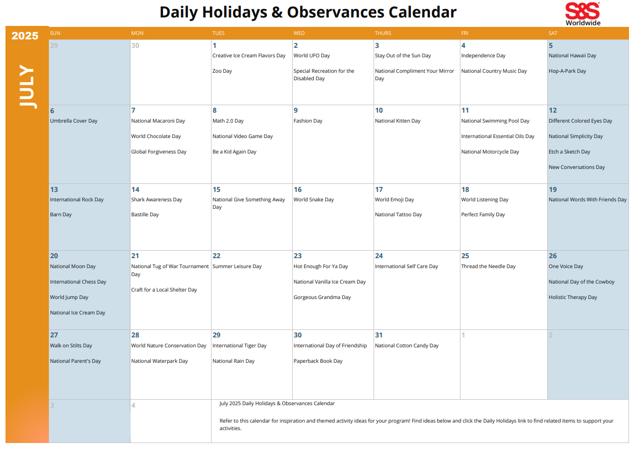 July Daily Holidays Observances Printable Calendar S S Blog July Daily Holidays Observances Printable Calendar S S Blog